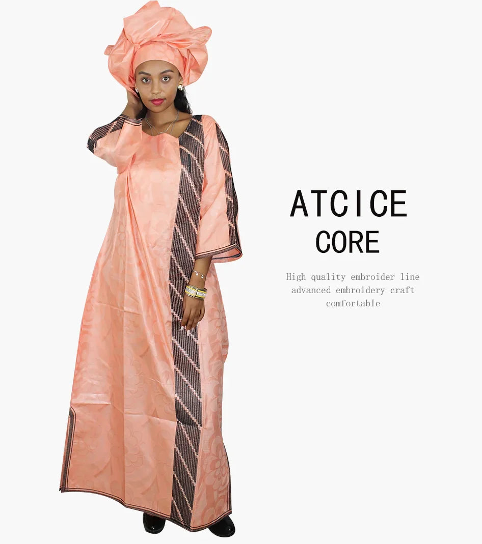 African Bazin Riche Embroidery  For Women Long Dress With Scarf