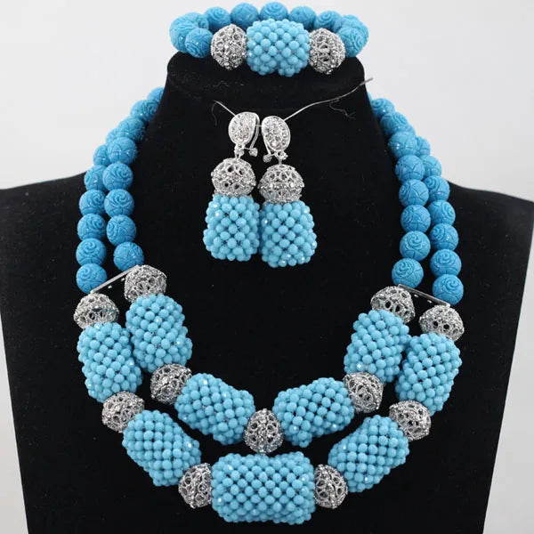 Stud Earrings Women African Nigerian Jewelry Set 2 Rows Layers Purple Necklace Bracelet Jewelry Set for Wedding  ABH377