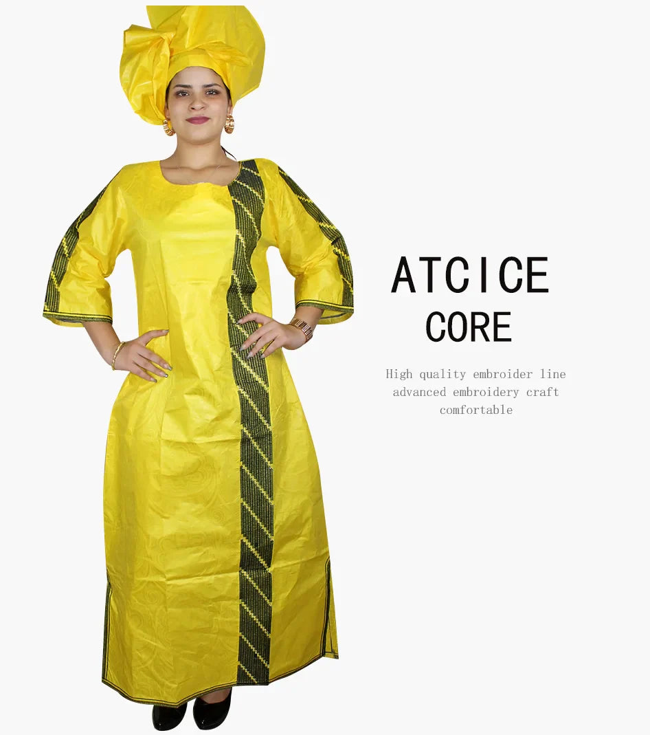 African Bazin Riche Embroidery  For Women Long Dress With Scarf