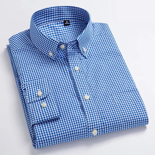 Men's 100% Cotton Standard-Fit Long-Sleeve Casual Checked Shirt Single Patch Pocket Button-down Collar