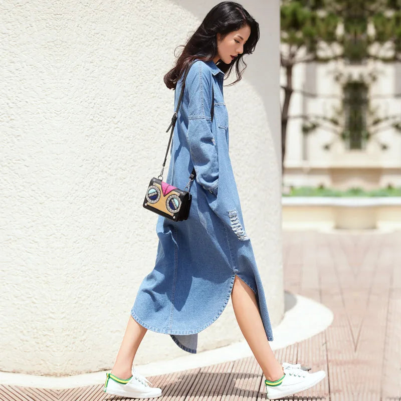 Plus Size 2017 New Spring Md-Long Streetwear Denim Trench Coat For Women Hollow Long Blue windbreaker Outerwear Casaco Feminino