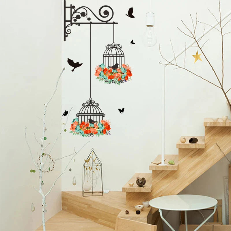 Colorful Flower birdcage flying birds wall sticker