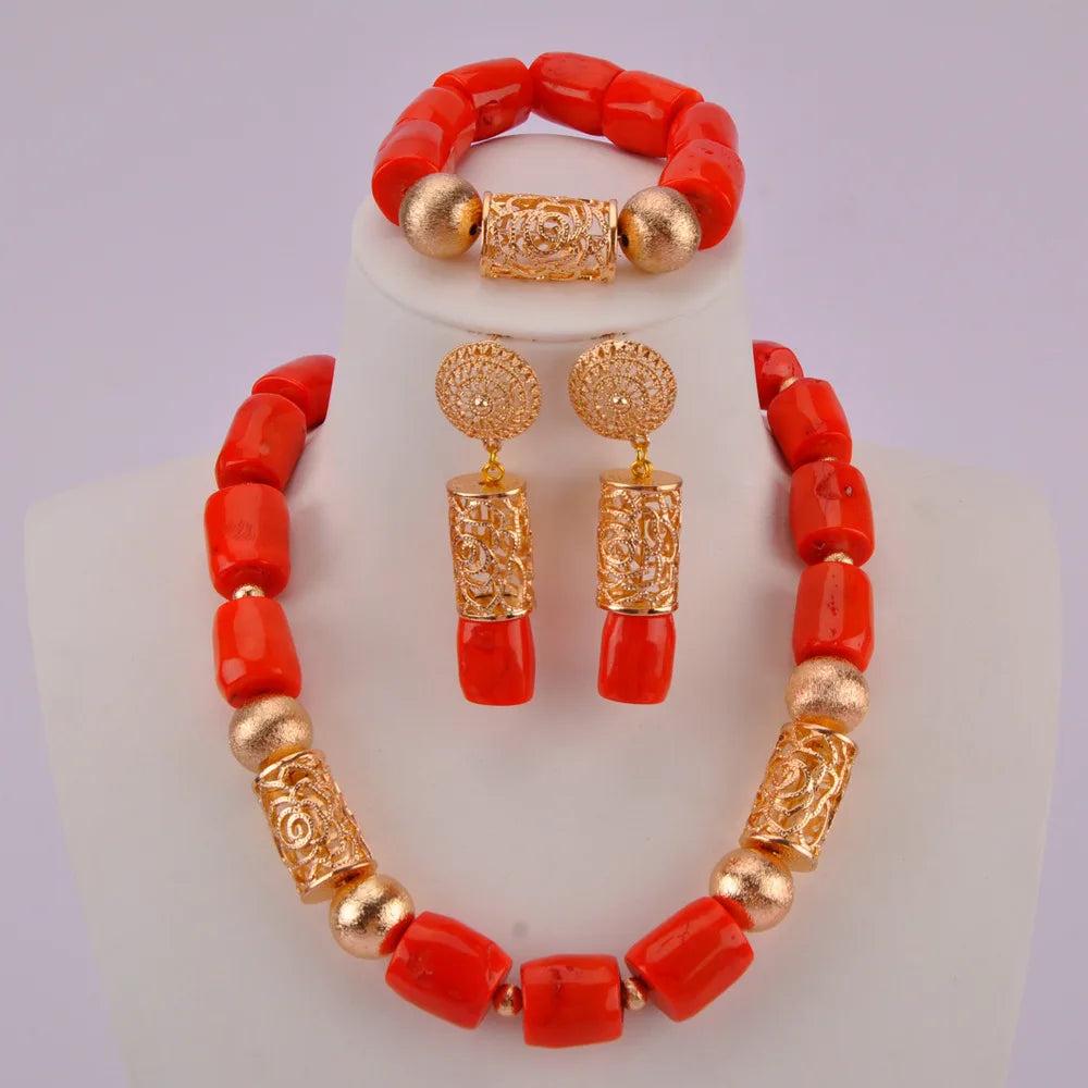 splendid orange nigeria coral beads necklace african jewelry set bridal wedding jewelry sets C21-23-01