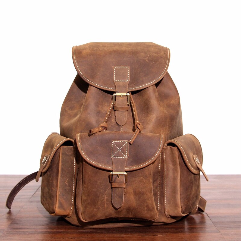 Large Buckle-Flap Genuine Leather Backpack Student Bag Schoolbag Travel Daypack for men & women