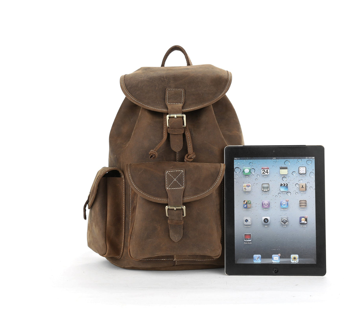 Large Buckle-Flap Genuine Leather Backpack Student Bag Schoolbag Travel Daypack for men & women