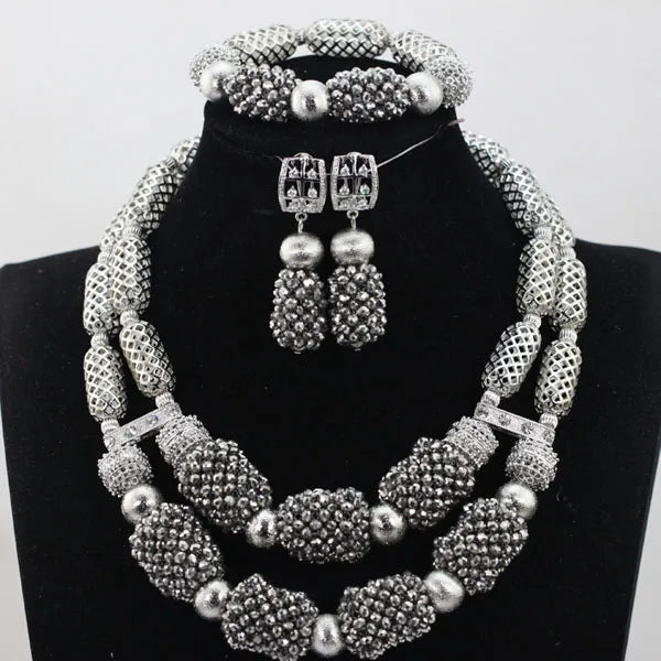 Stud Earrings Women African Nigerian Jewelry Set 2 Rows Layers Purple Necklace Bracelet Jewelry Set for Wedding  ABH377