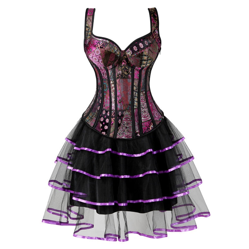 Steampunk Straps Overbust Corset Jacquard Floral Corset Waist Cincher Bustier Lingerie Top Plus Size