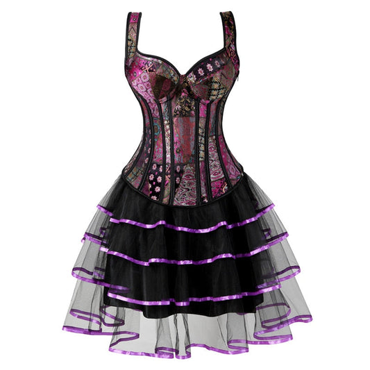 Steampunk Straps Overbust Corset Jacquard Floral Corset Waist Cincher Bustier Lingerie Top Plus Size