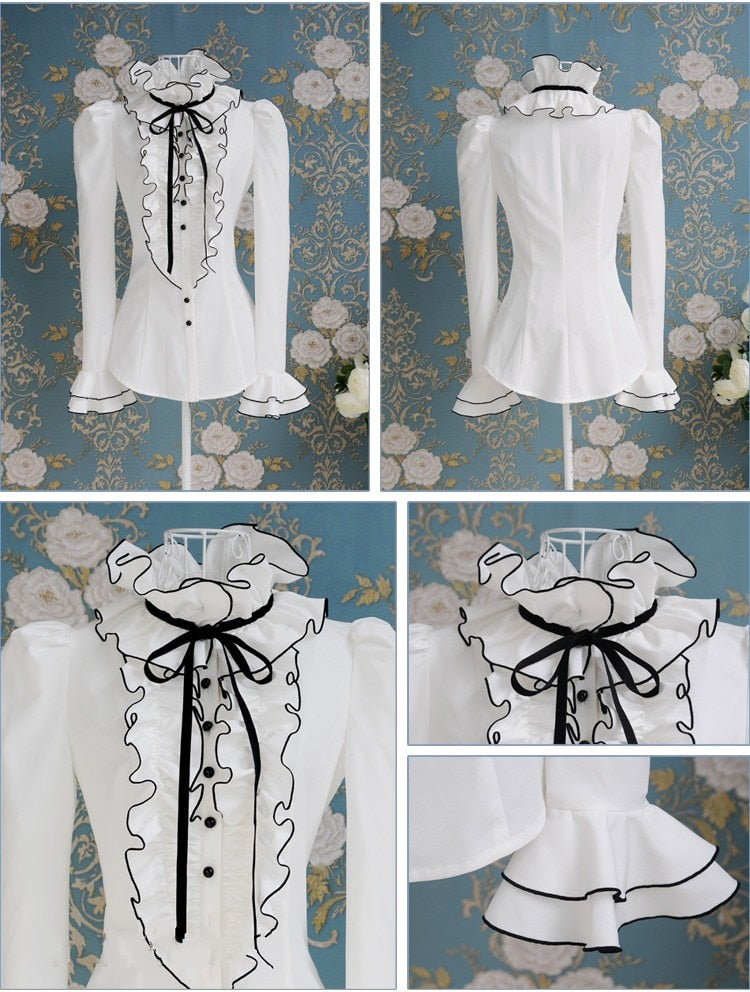 White ruffle black ribbon bow bubble long-sleeve shirt Elegant top blouses shirt