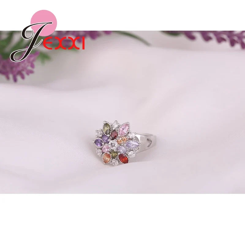 Girls Bling Jewelry Finger Accessories Fashion 925 Sterling Silver Colorized Flower Shape Rings Wholesale