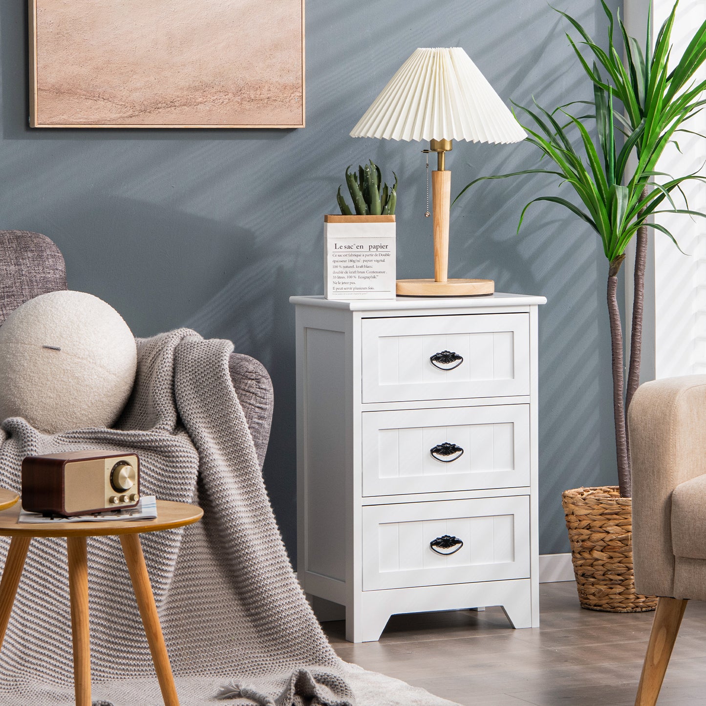 3-Tier Vintage Nightstand with Exquisite Metal Handles-White