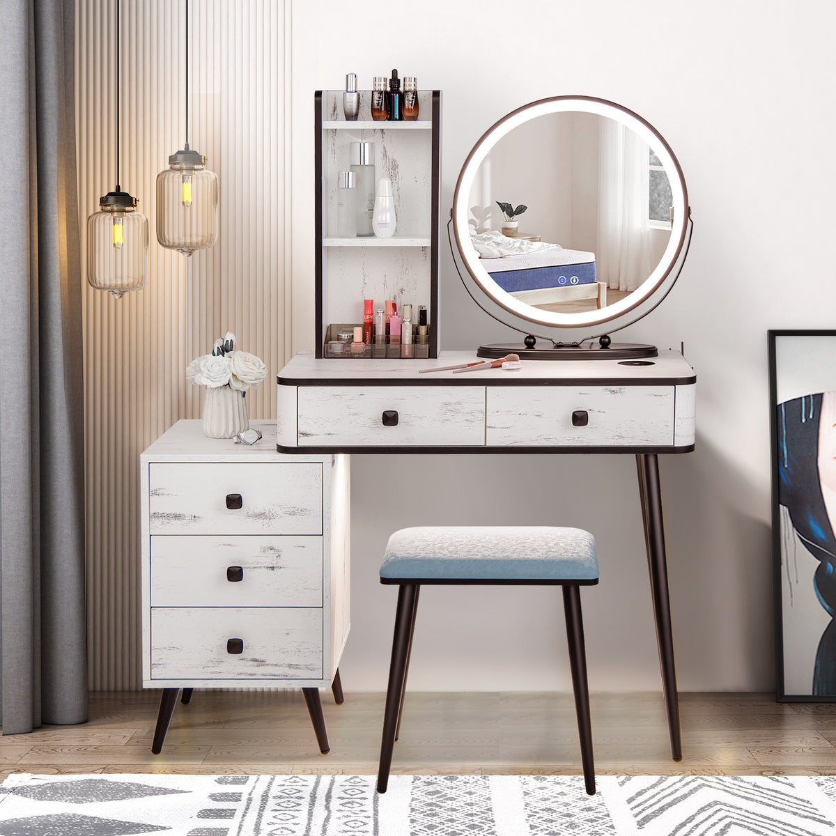 Vanity Table Set with 3-Colour Round Mirror and Charging Station-Brown