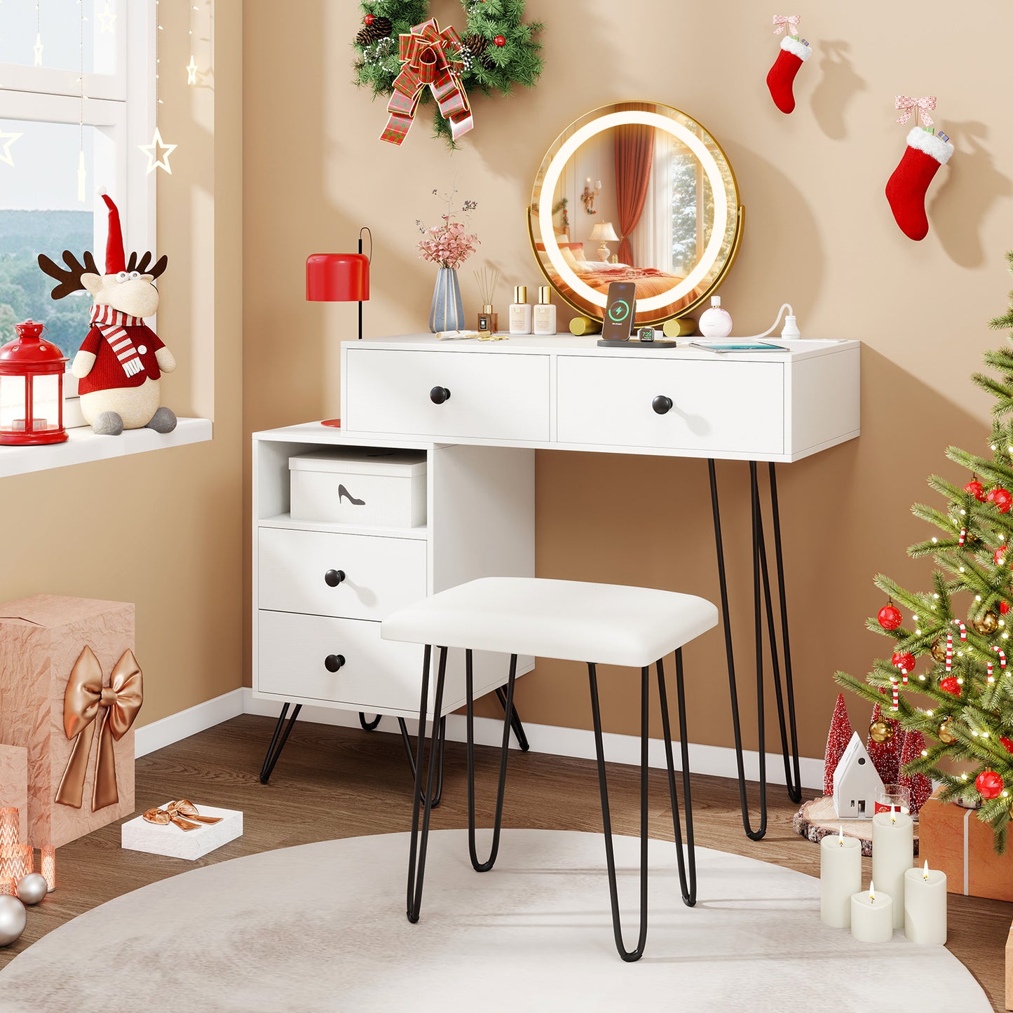 Makeup Vanity Desk with Rotatable Mirror and 4 Pull-out Drawers-Rustic Brown