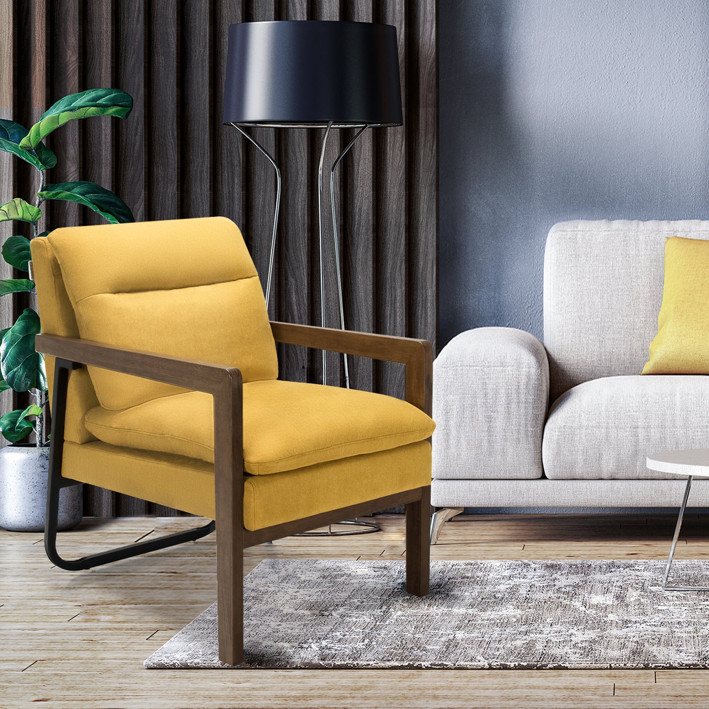 Accent Upholstered Armchair with Padded Backrest and Seat Cushion-Yellow