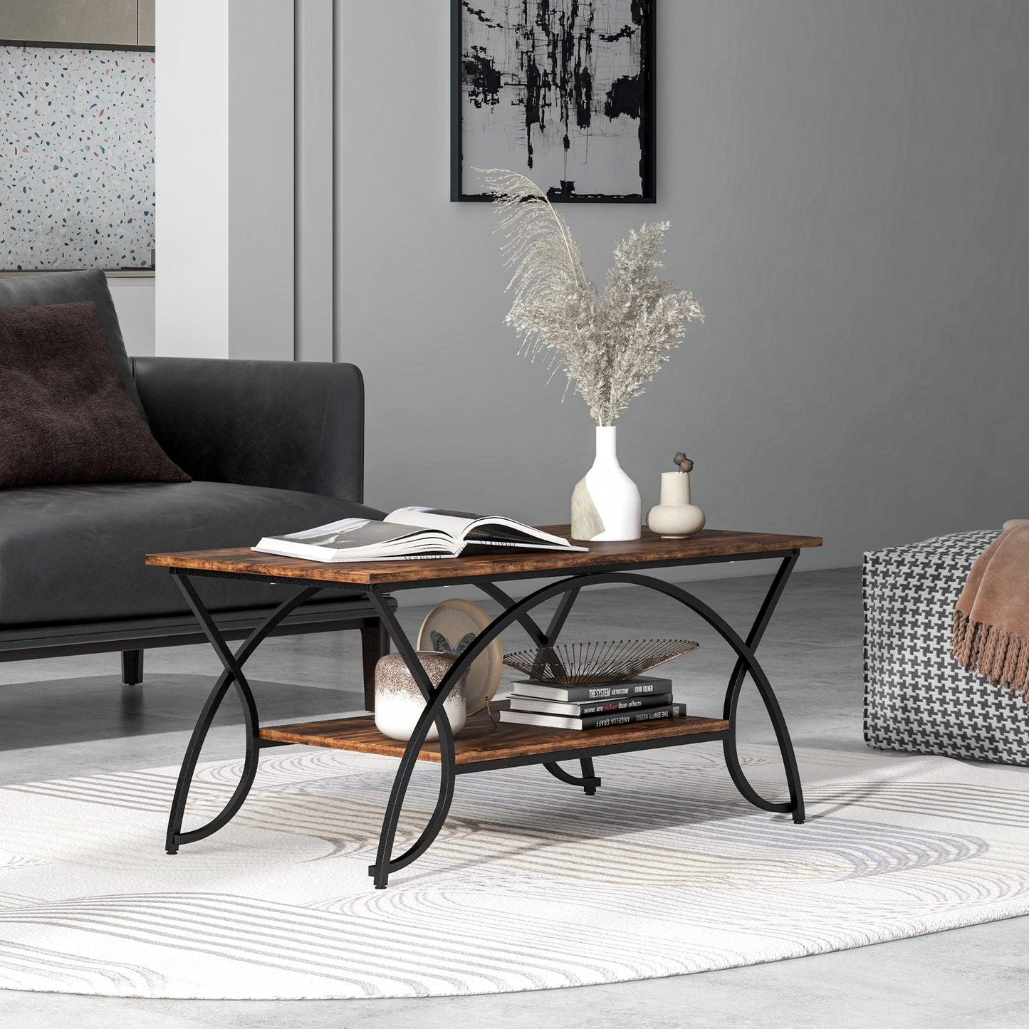 2-Tier Faux Marble Coffee Table with Golden Metal Frame-White