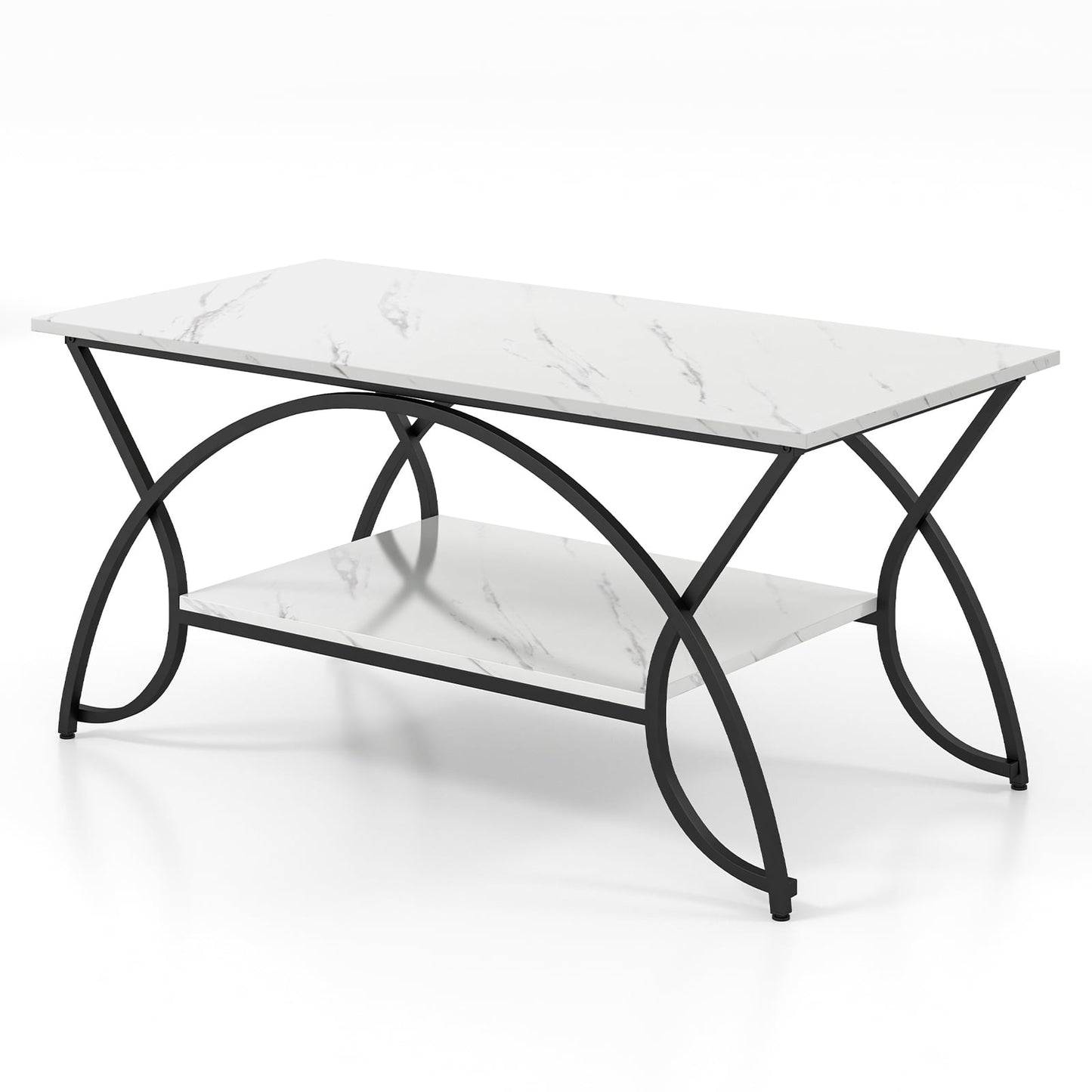 2-Tier Faux Marble Coffee Table with Golden Metal Frame-White