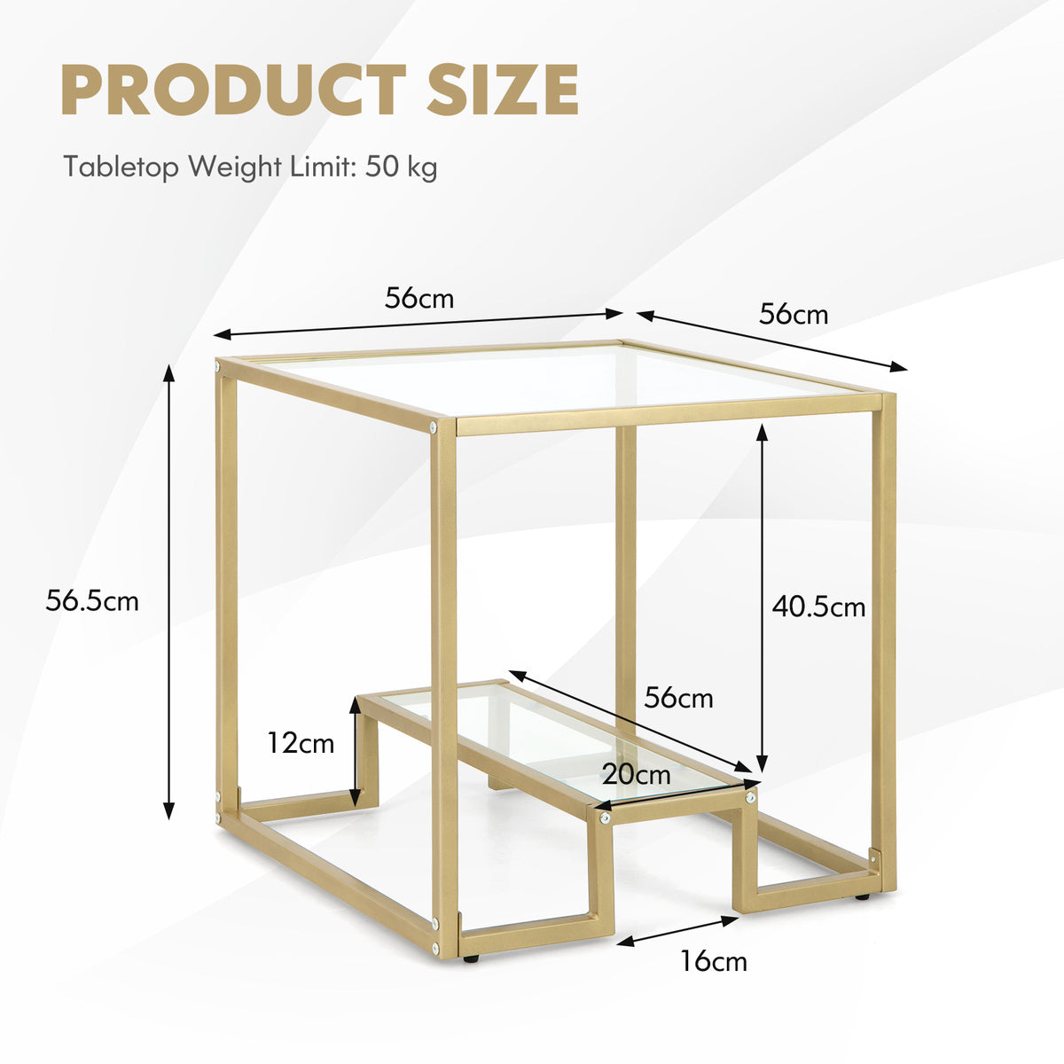 2-Tier Snack Table with Golden Metal Frame and Tempered Glass Tabletop