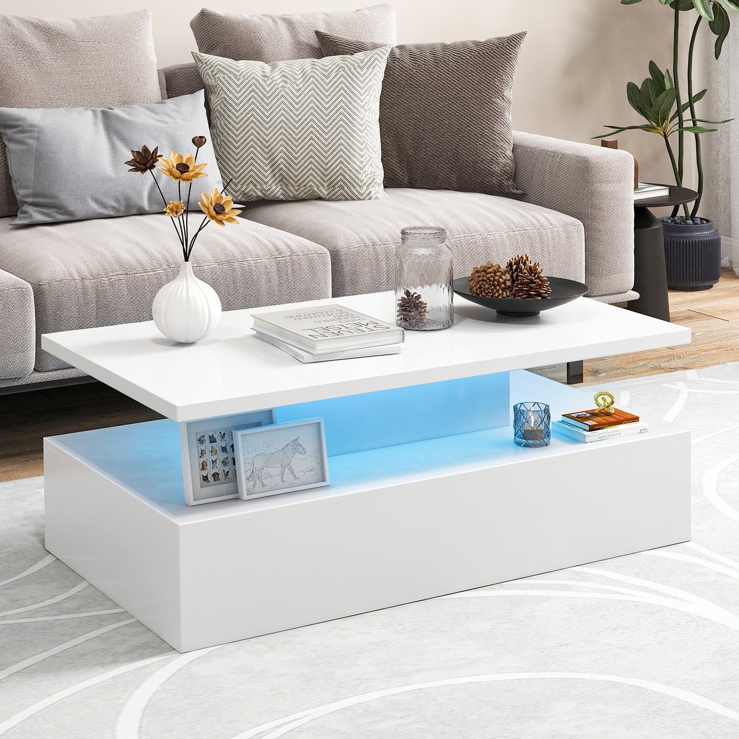Modern 2-tier High Glossy Black Coffee Table with Adjustable Light Colors-Black