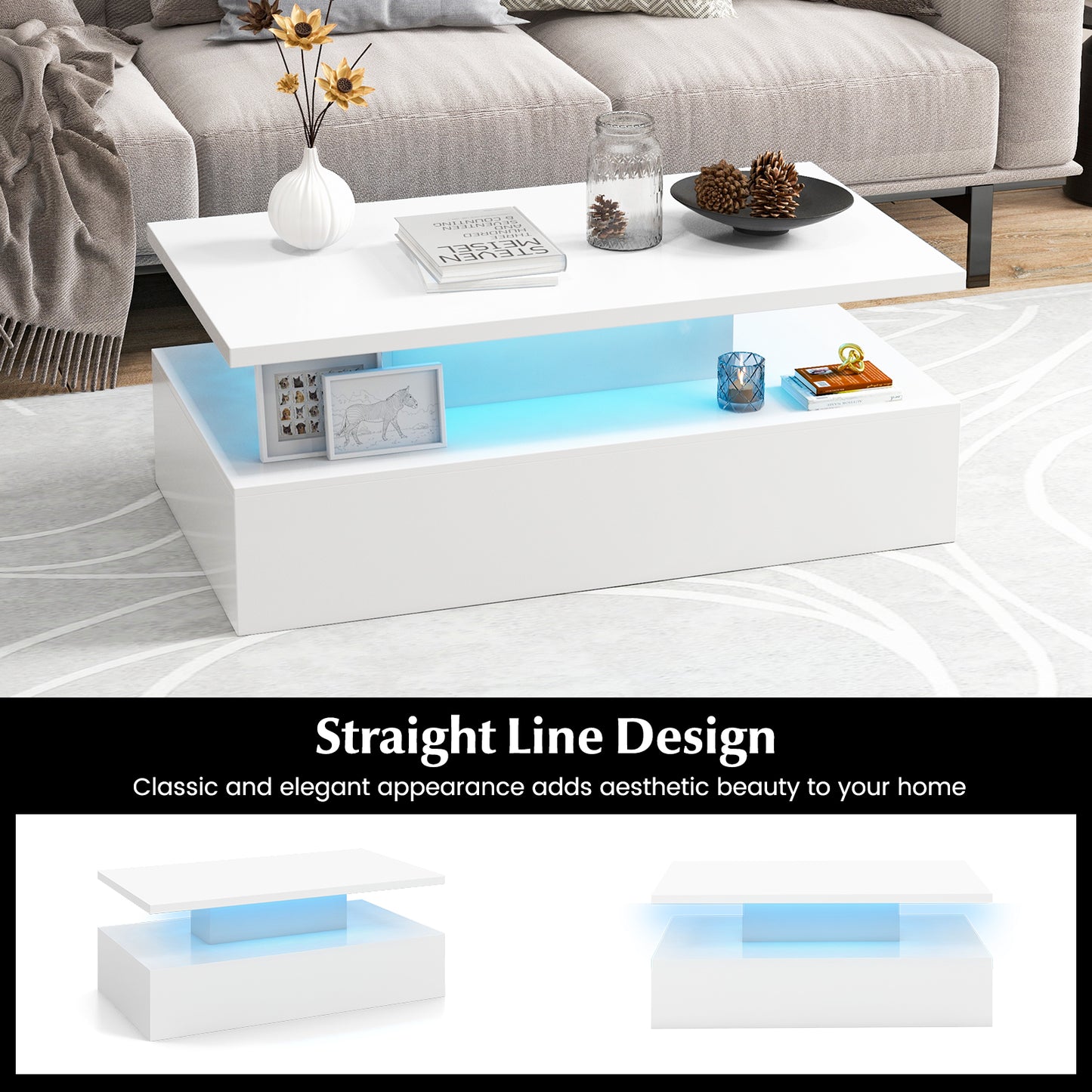 Modern 2-tier High Glossy Black Coffee Table with Adjustable Light Colors-Black