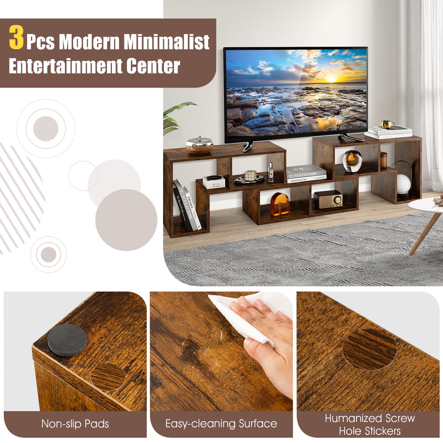3 Pieces Convertible TV Stand for TVs up to 65 Inches-Black