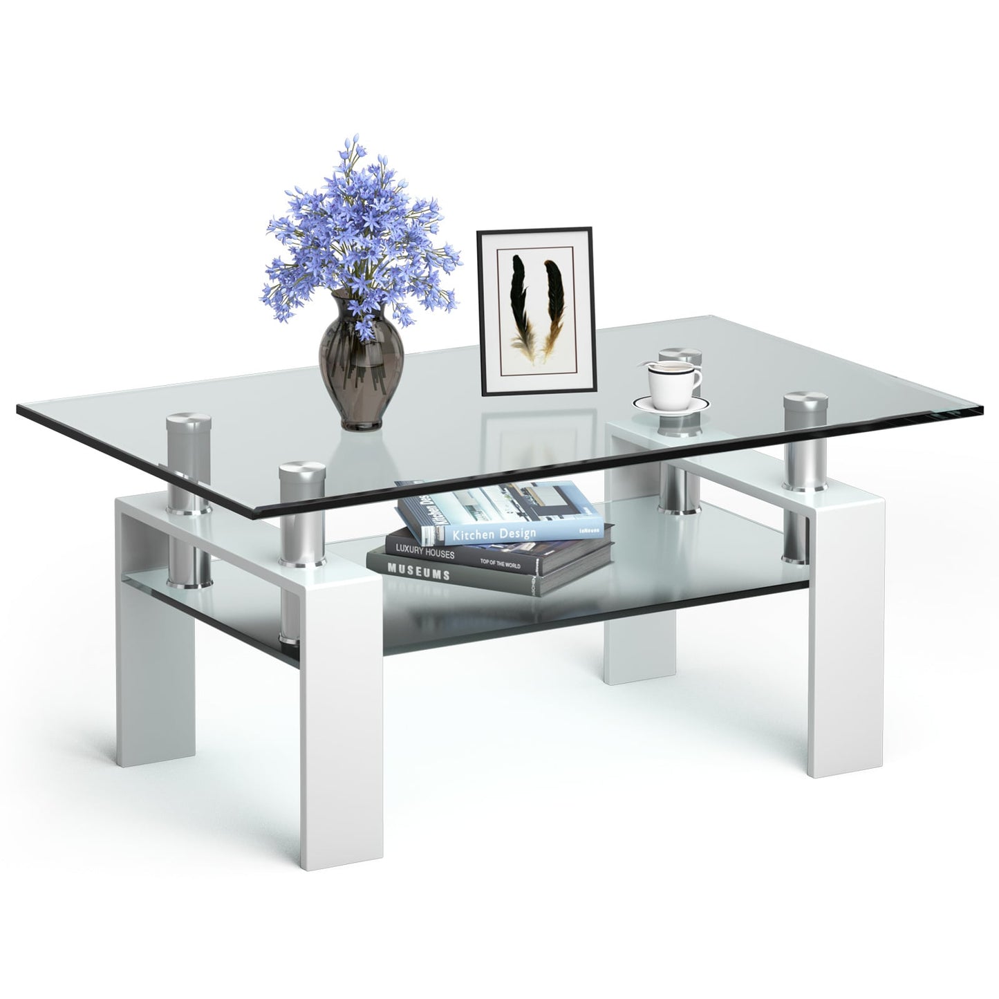 Modern Glass Coffee Tea Table with Open Shelf-Black