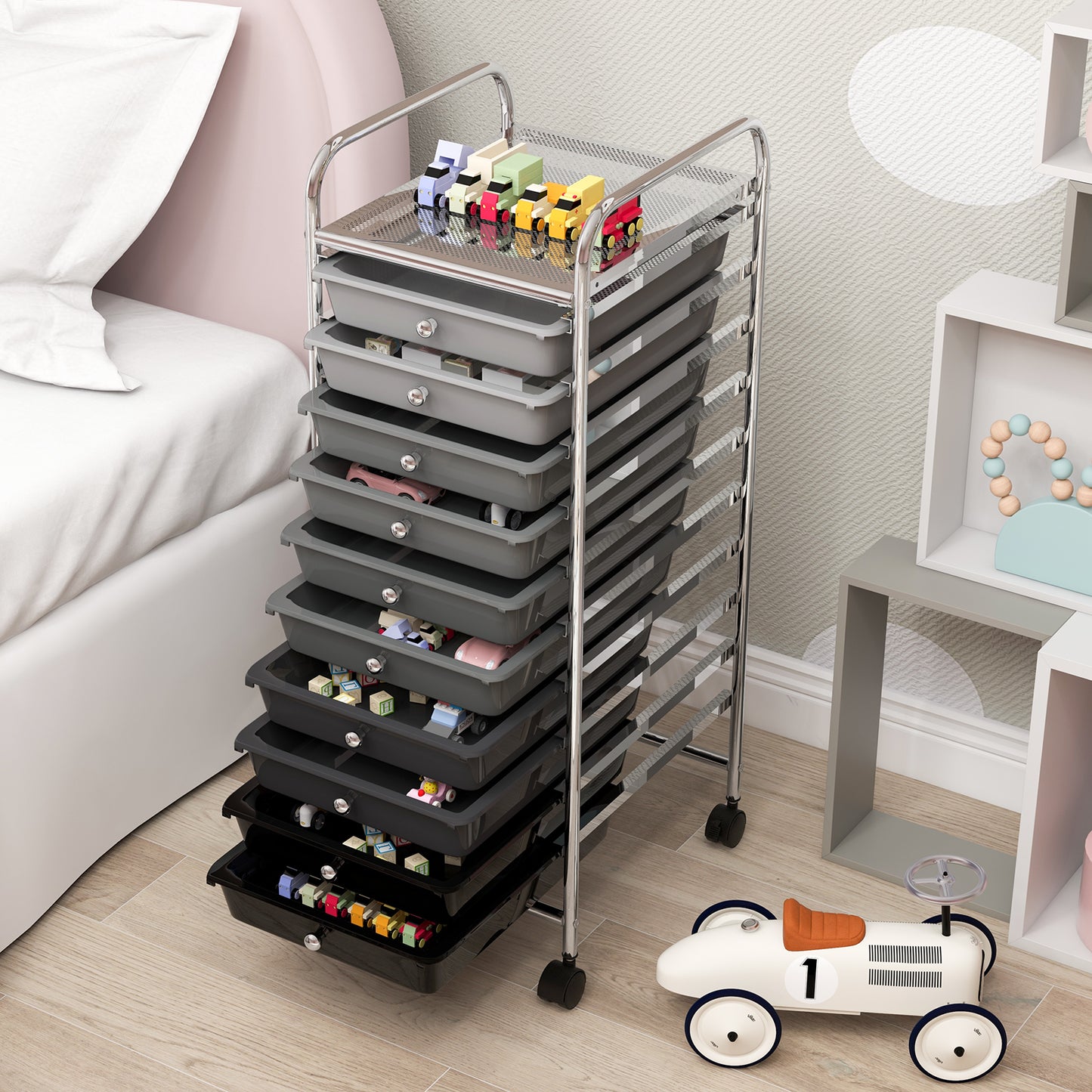 10 Drawers Mobile Storage Trolley with 4 Wheels for Beauty-Black