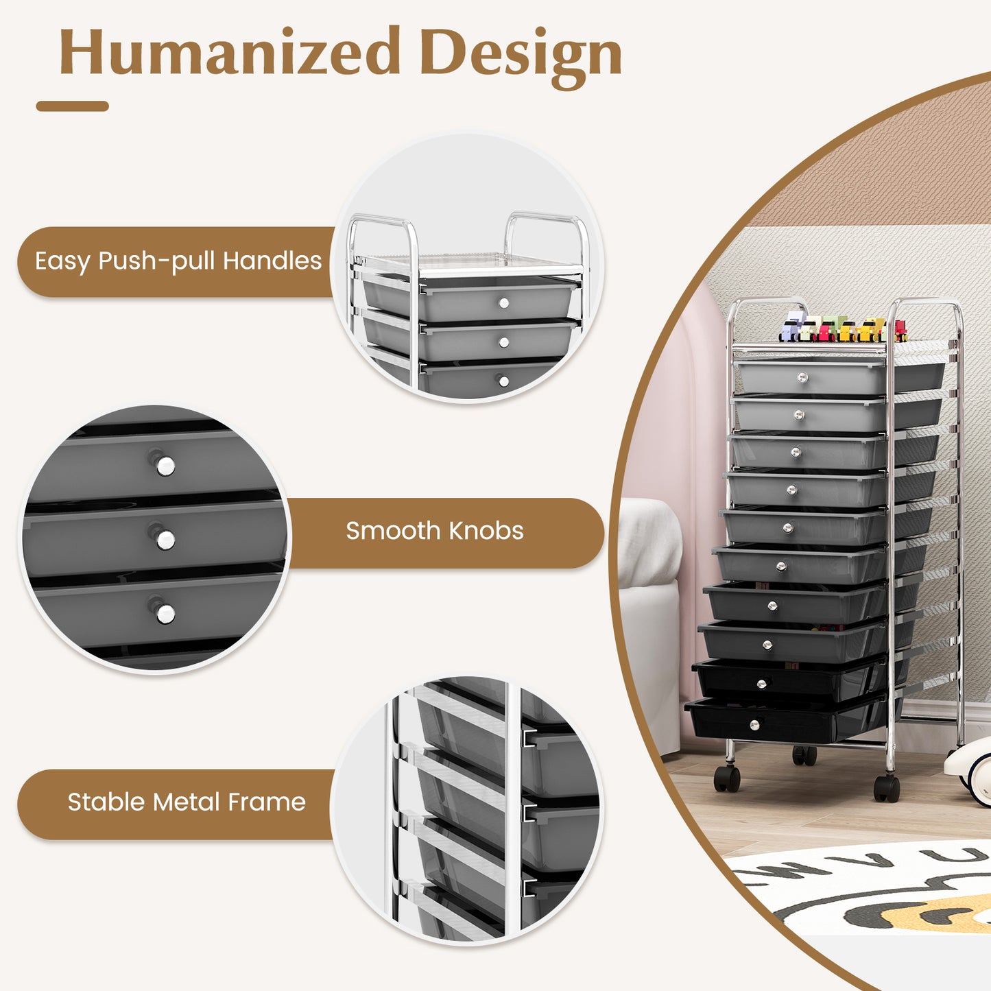 10 Drawers Mobile Storage Trolley with 4 Wheels for Beauty-Black