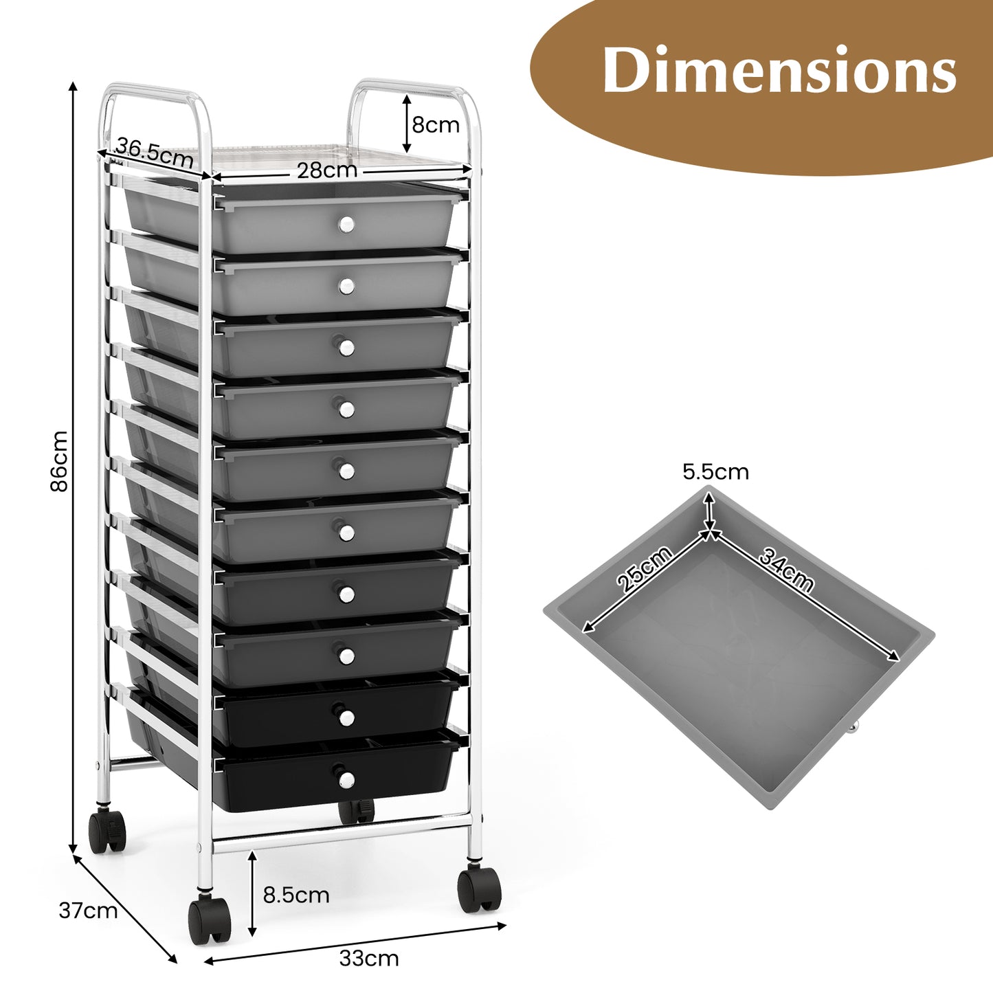 10 Drawers Mobile Storage Trolley with 4 Wheels for Beauty-Black