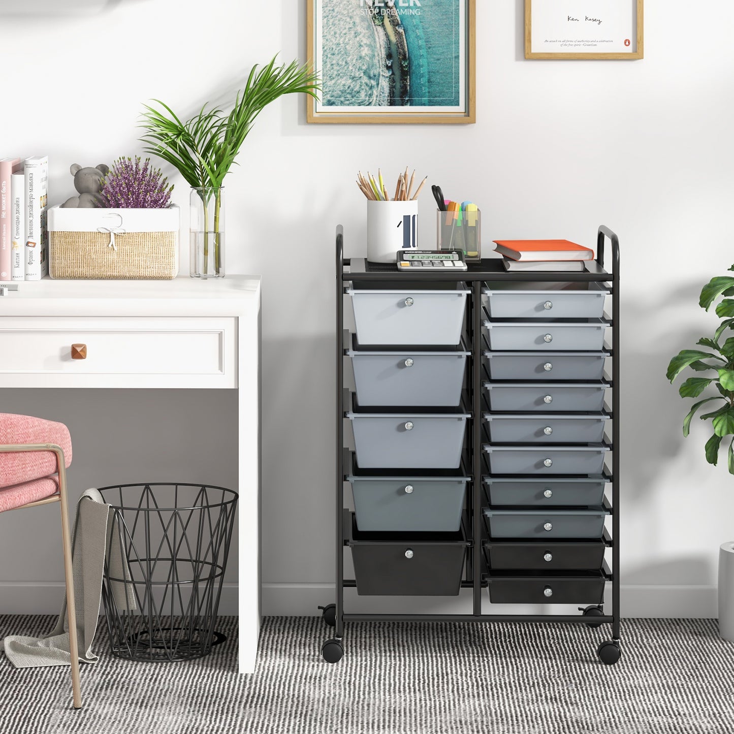 15 Drawer Rolling Storage Cart with 4 Wheels for Beauty Salon-Black