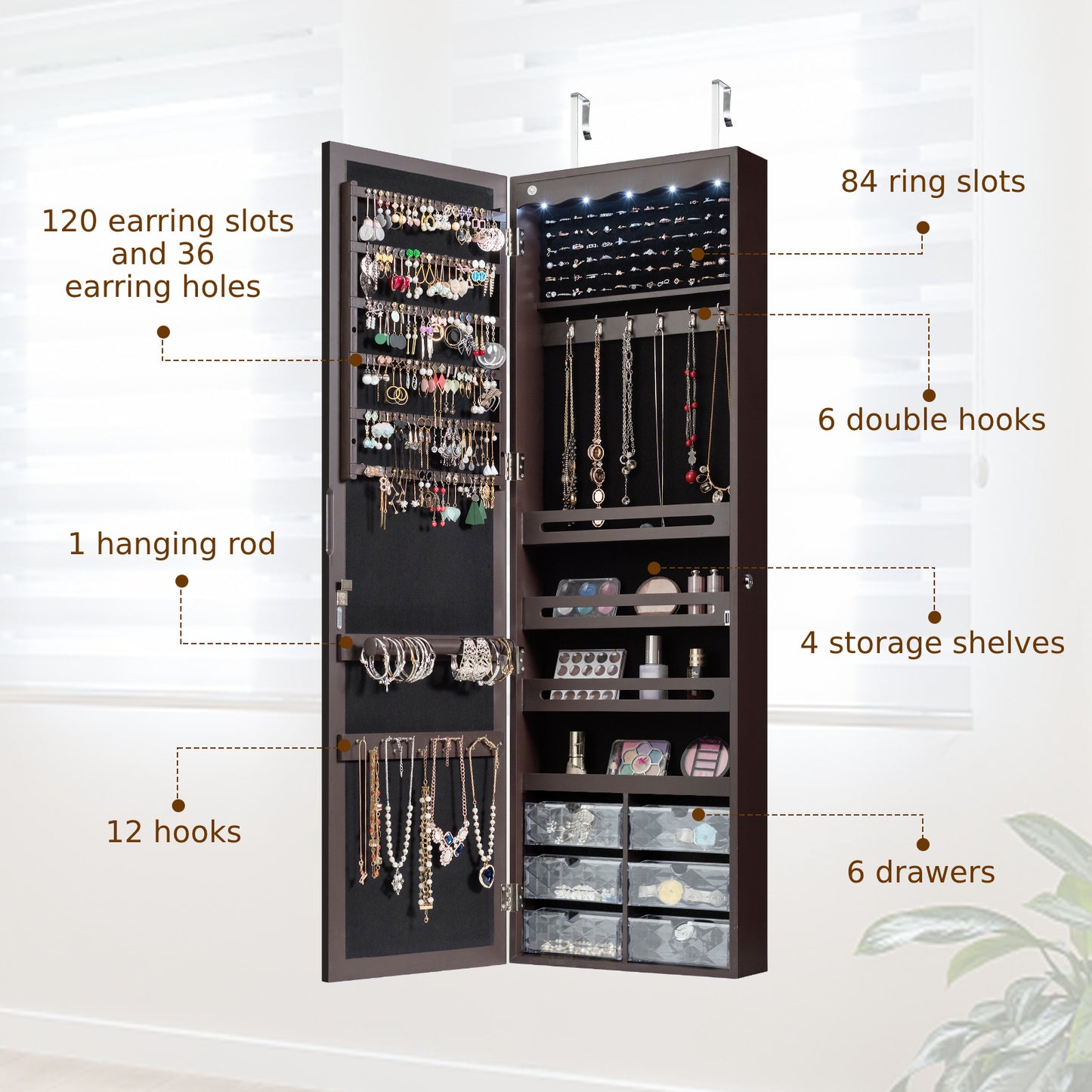 Wall Mounted Jewellery Armoire with LED Light-Black
