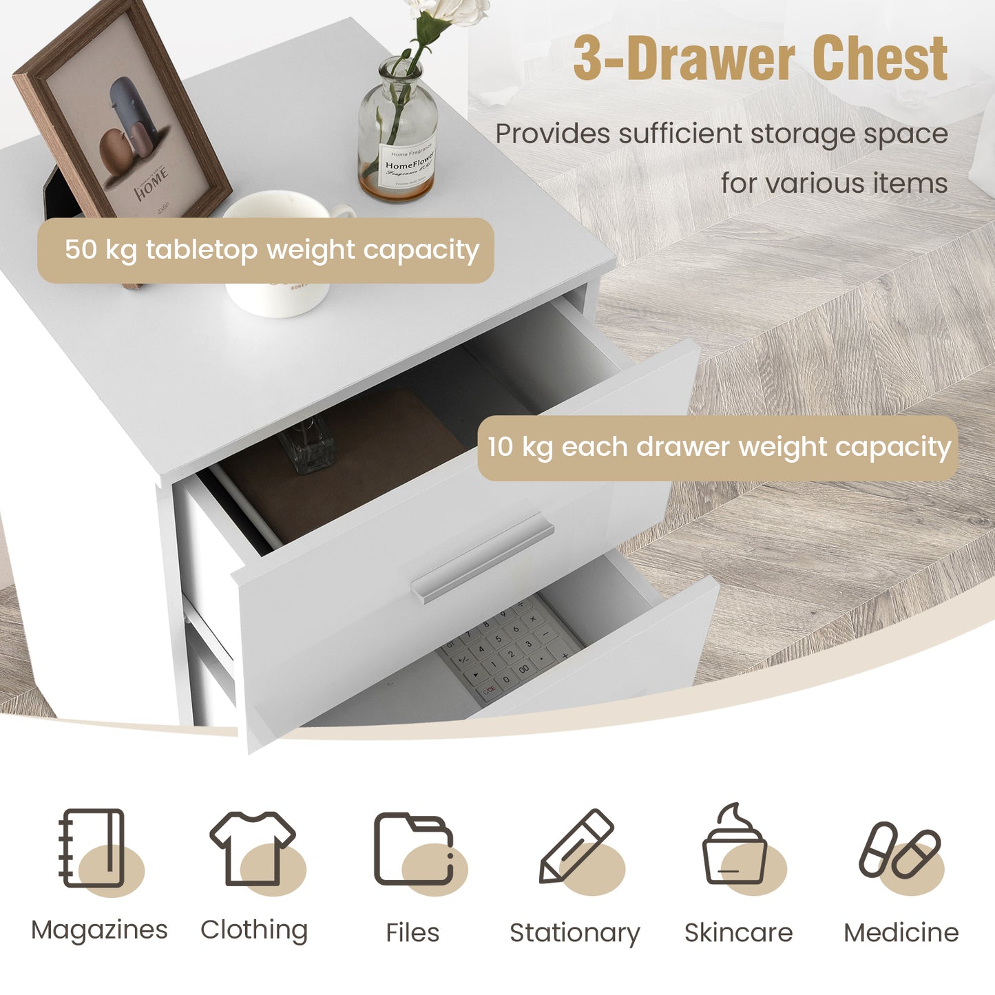 3-Drawer Wooden Dresser Cabinet with Anti-Toppling Device-Black