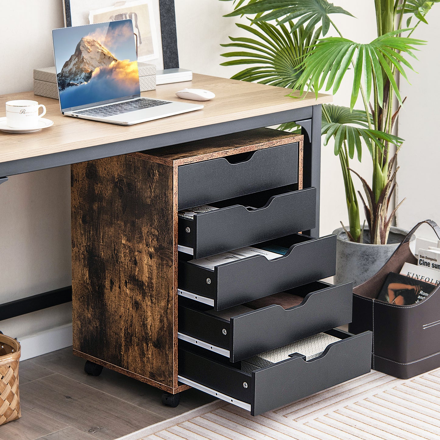 5 Drawer Chest with Wheels for Home and Office-Black