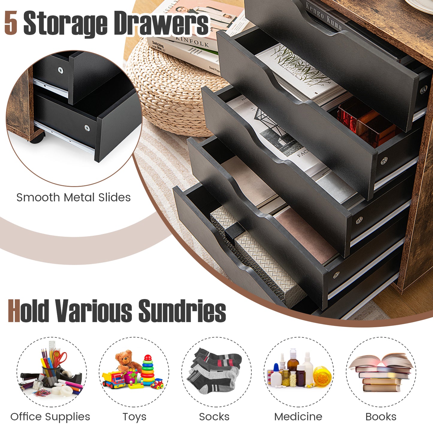 5 Drawer Chest with Wheels for Home and Office-Black