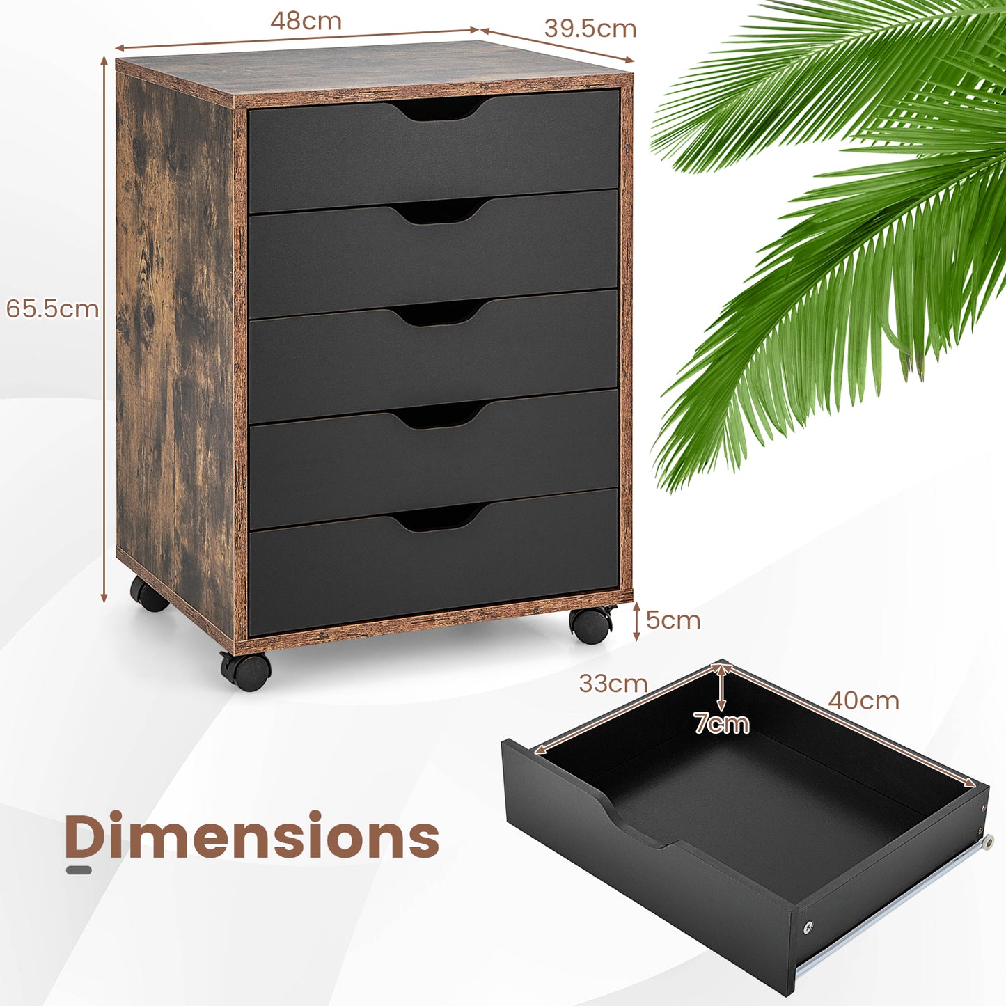 5 Drawer Chest with Wheels for Home and Office-Black
