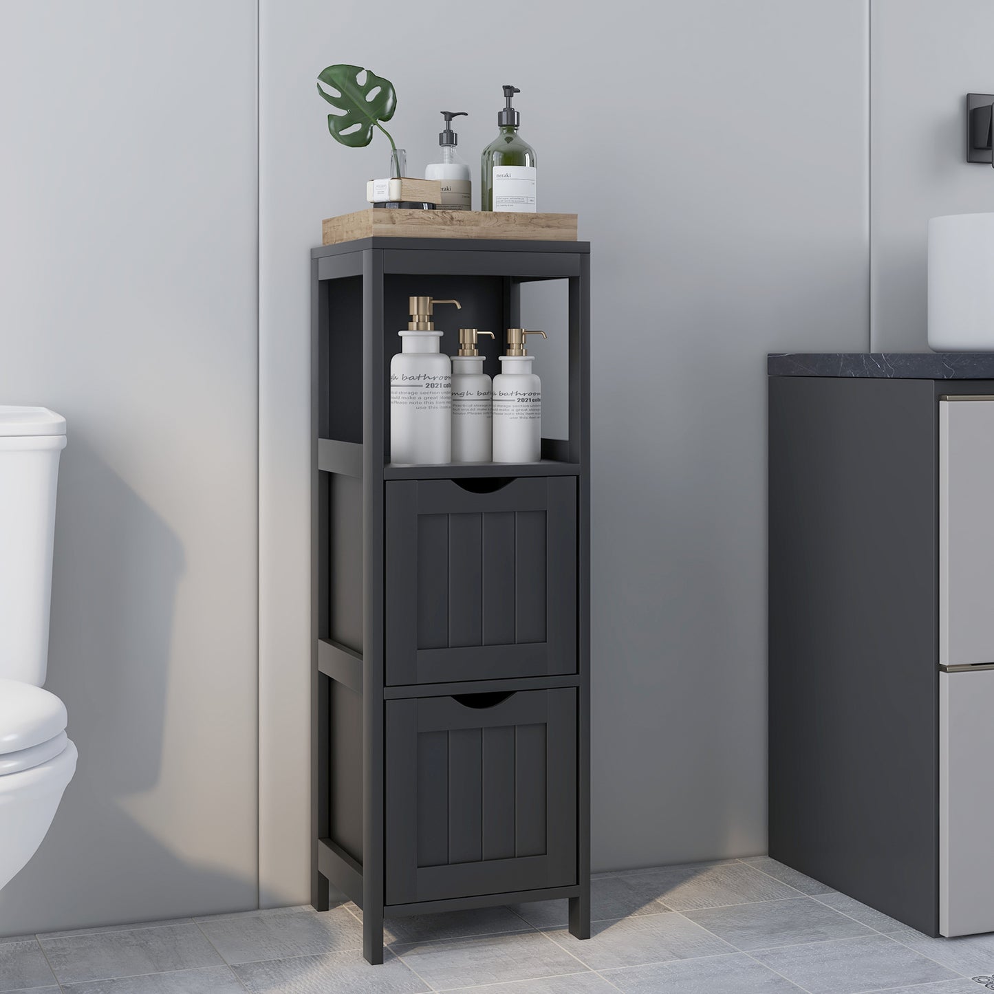 Bathroom Storage Cabinet with 2 Removable Drawers and Open Shelf-Black