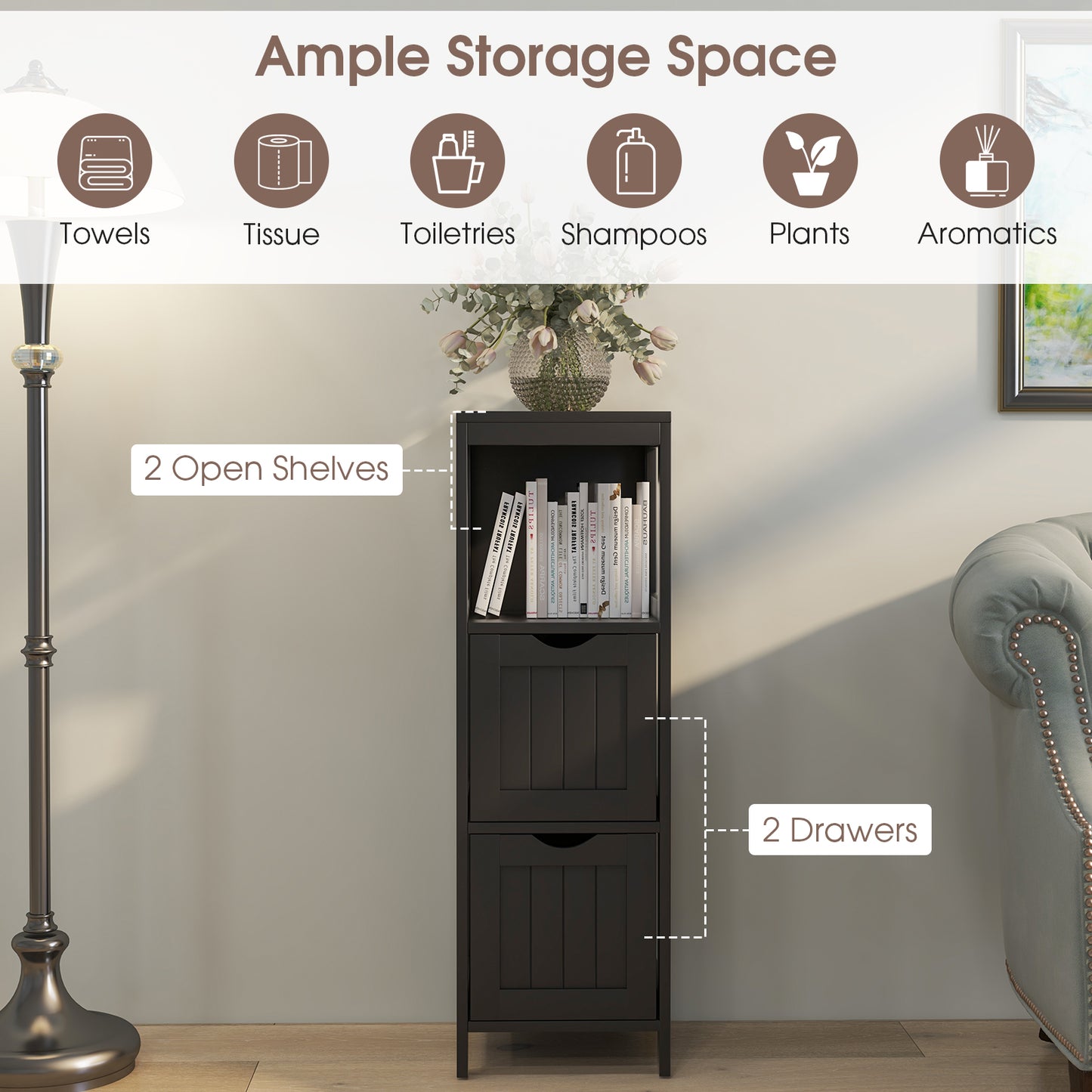 Bathroom Storage Cabinet with 2 Removable Drawers and Open Shelf-Black