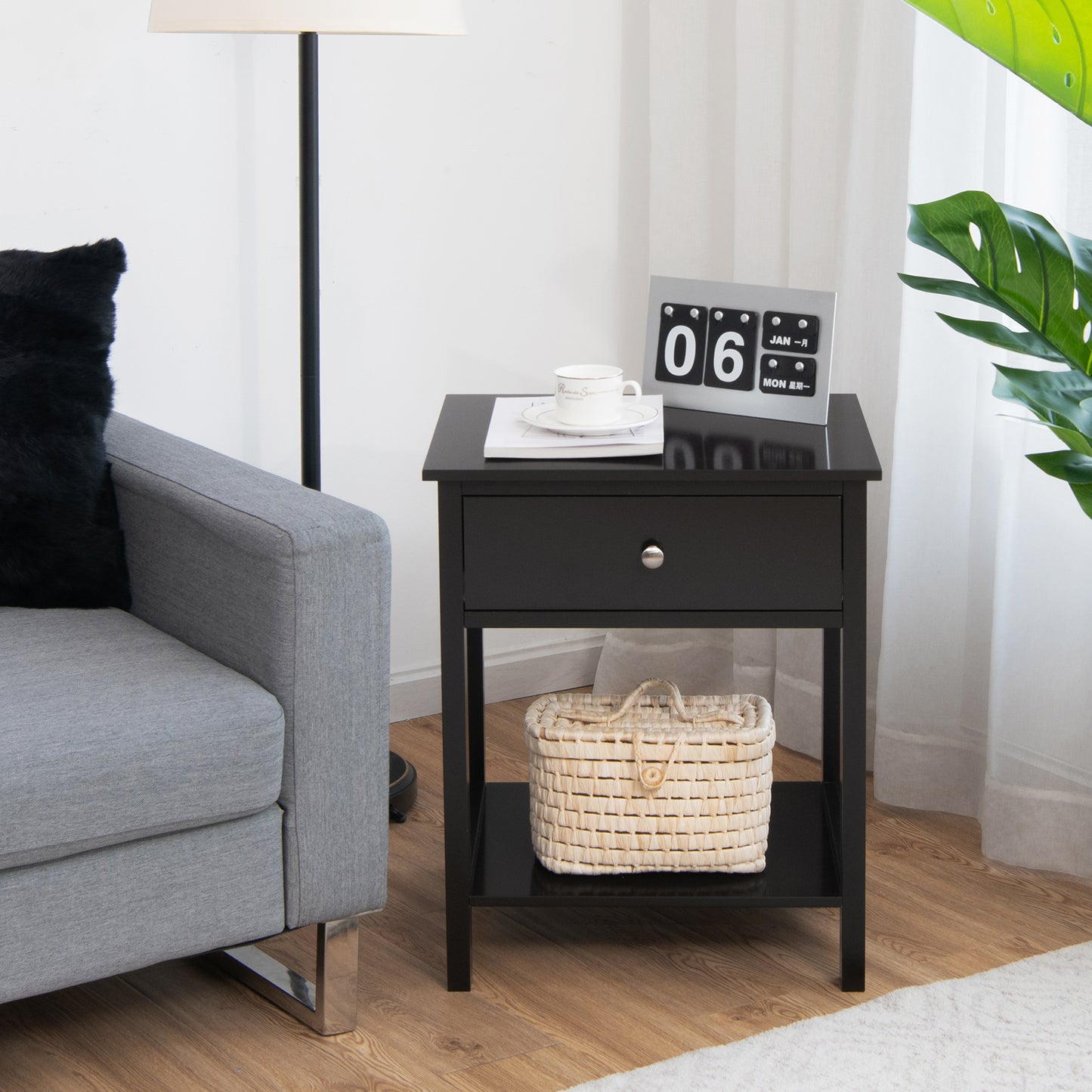 2 Pieces Wooden Nightstand with Drawer and Storage Shelf-Black