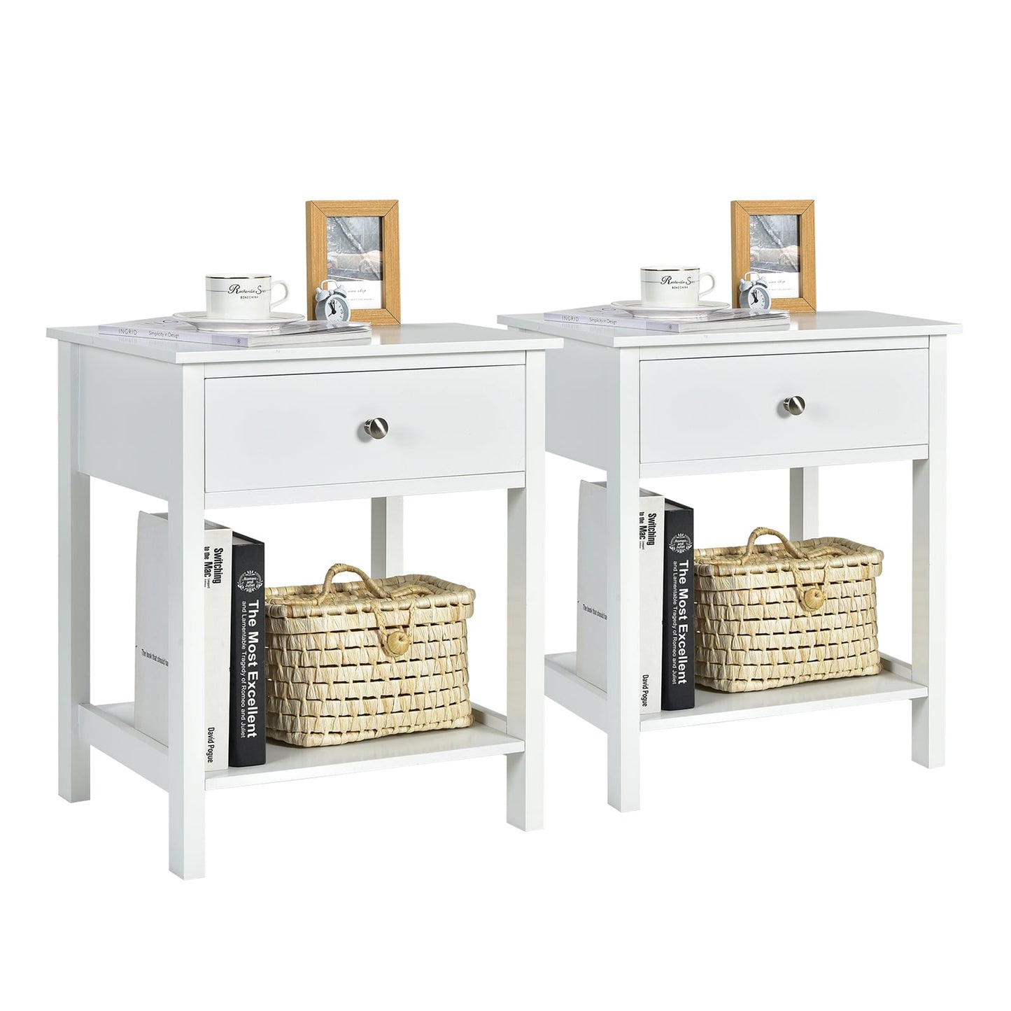 2 Pieces Wooden Nightstand with Drawer and Storage Shelf-Black