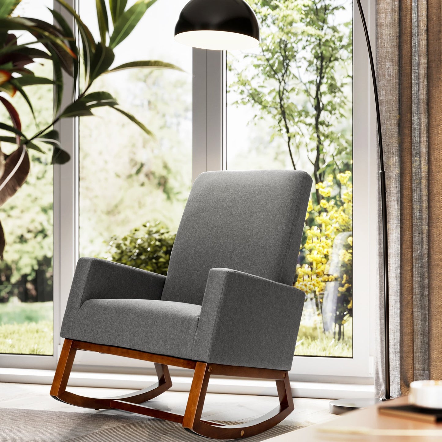 Upholstered Fabric Armchair with Rubber Wood Base-Beige