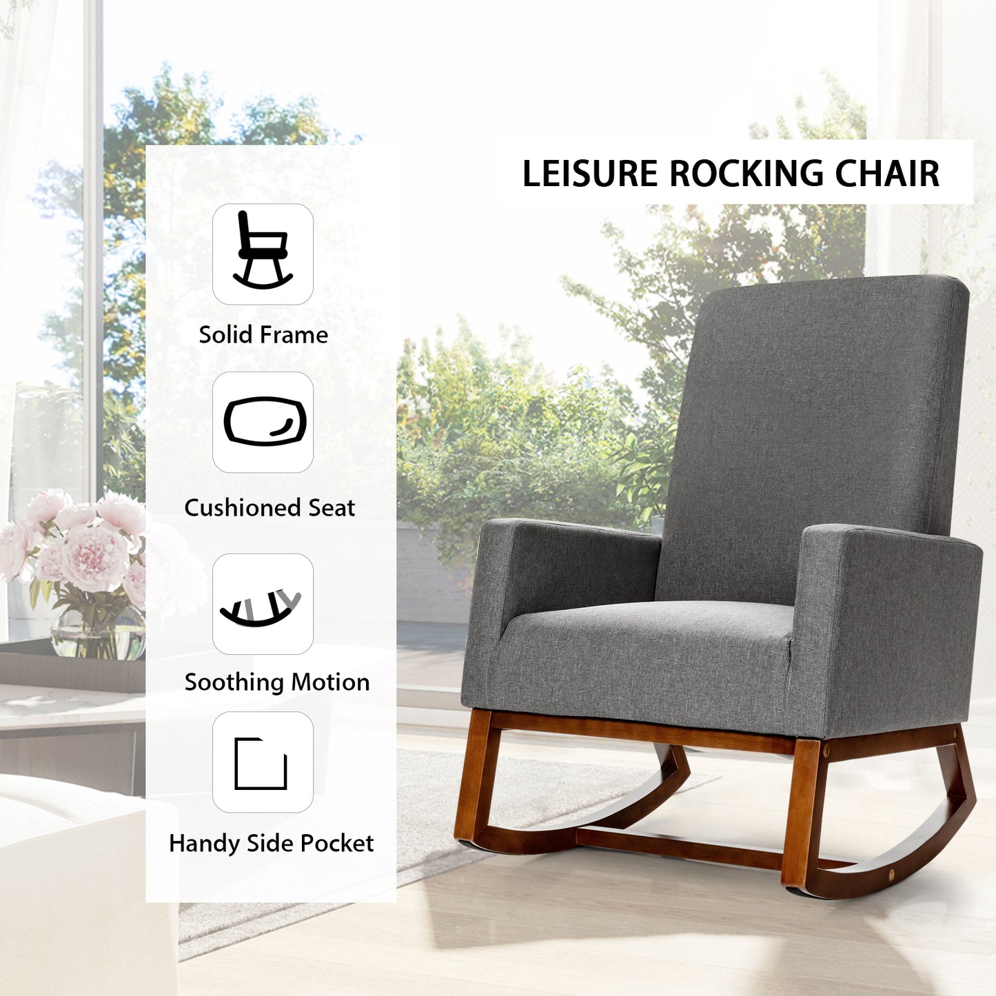 Upholstered Fabric Armchair with Rubber Wood Base-Beige