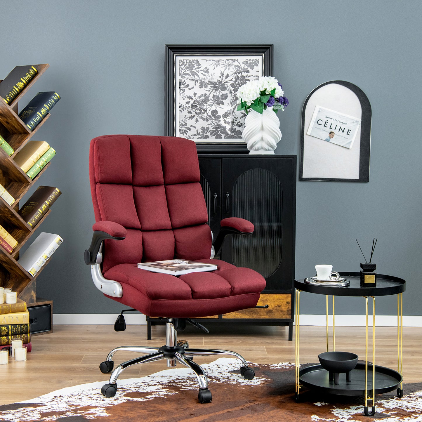 Linen Upholstered Executive Chair with Ergonomic High Back for Home Office-Beige