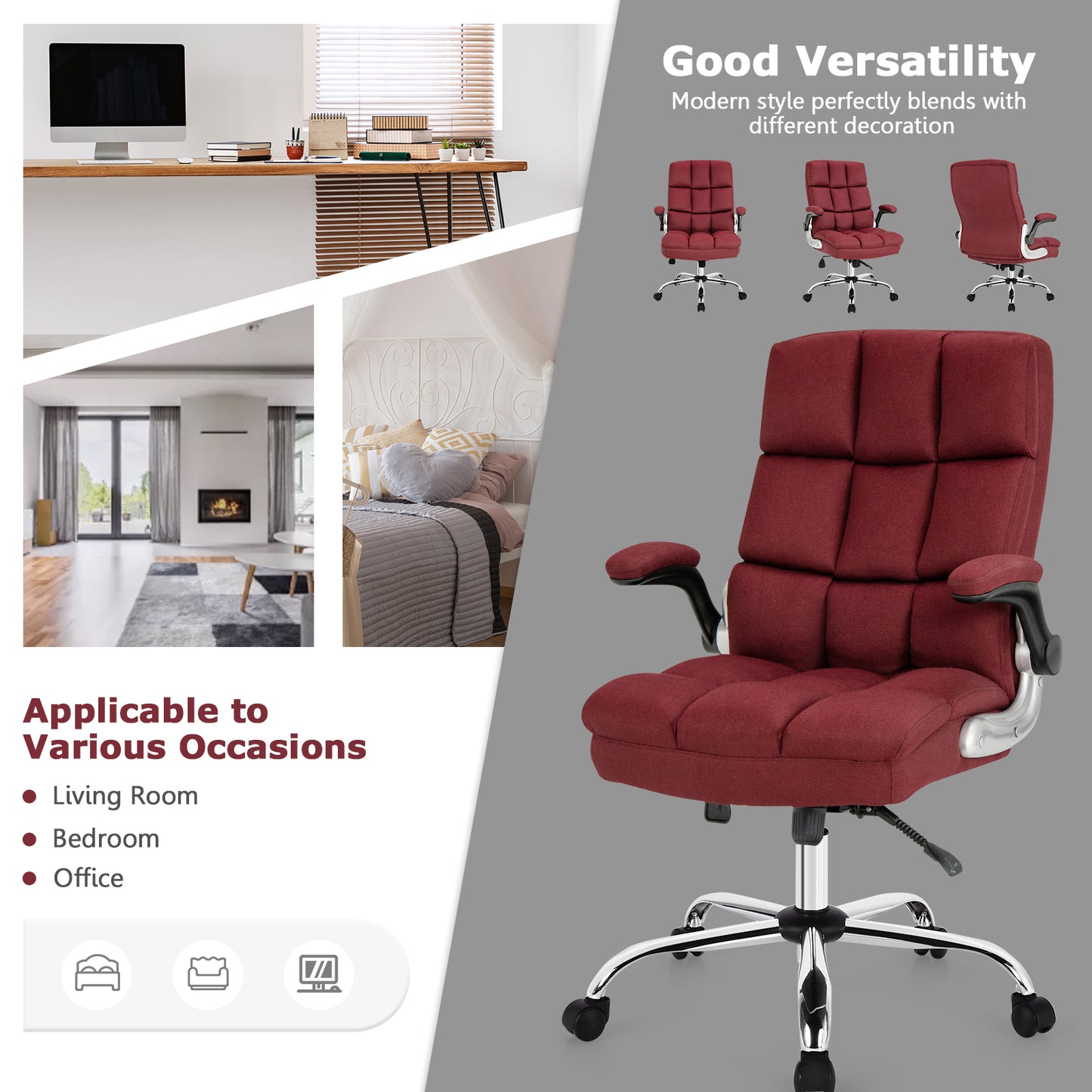 Linen Upholstered Executive Chair with Ergonomic High Back for Home Office-Beige
