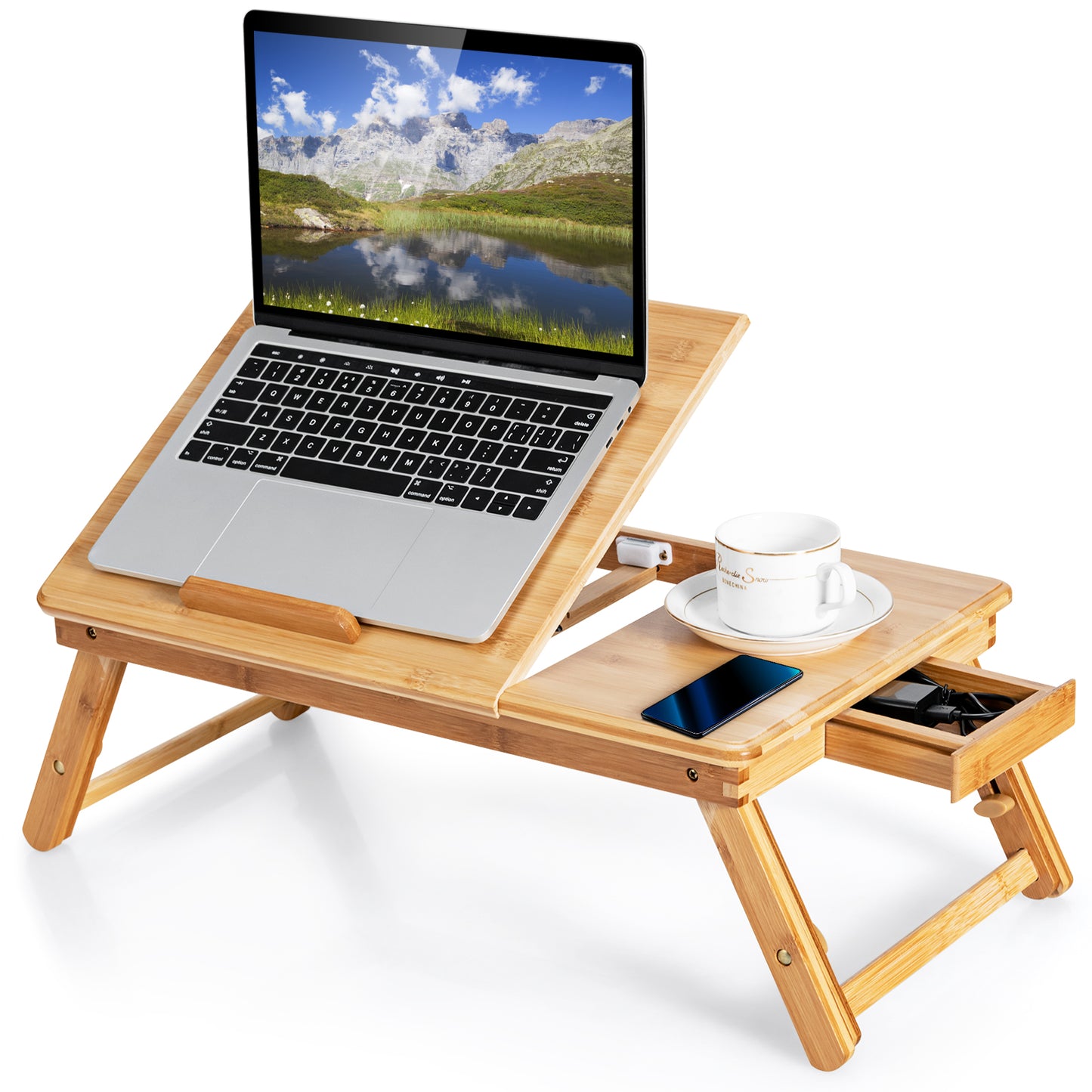 Portable Bamboo Laptop Lap Tray with Adjustable Legs and Tilting Top-Brown