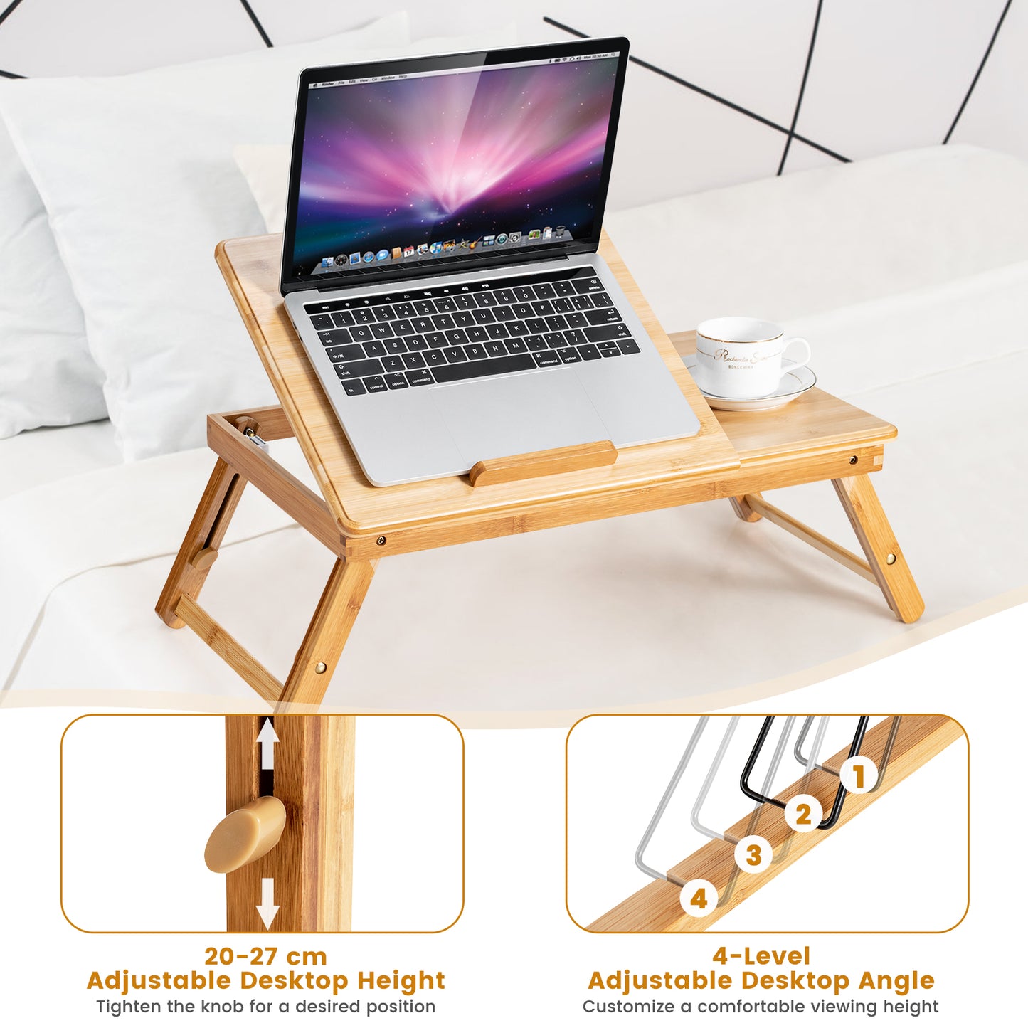 Portable Bamboo Laptop Lap Tray with Adjustable Legs and Tilting Top-Brown