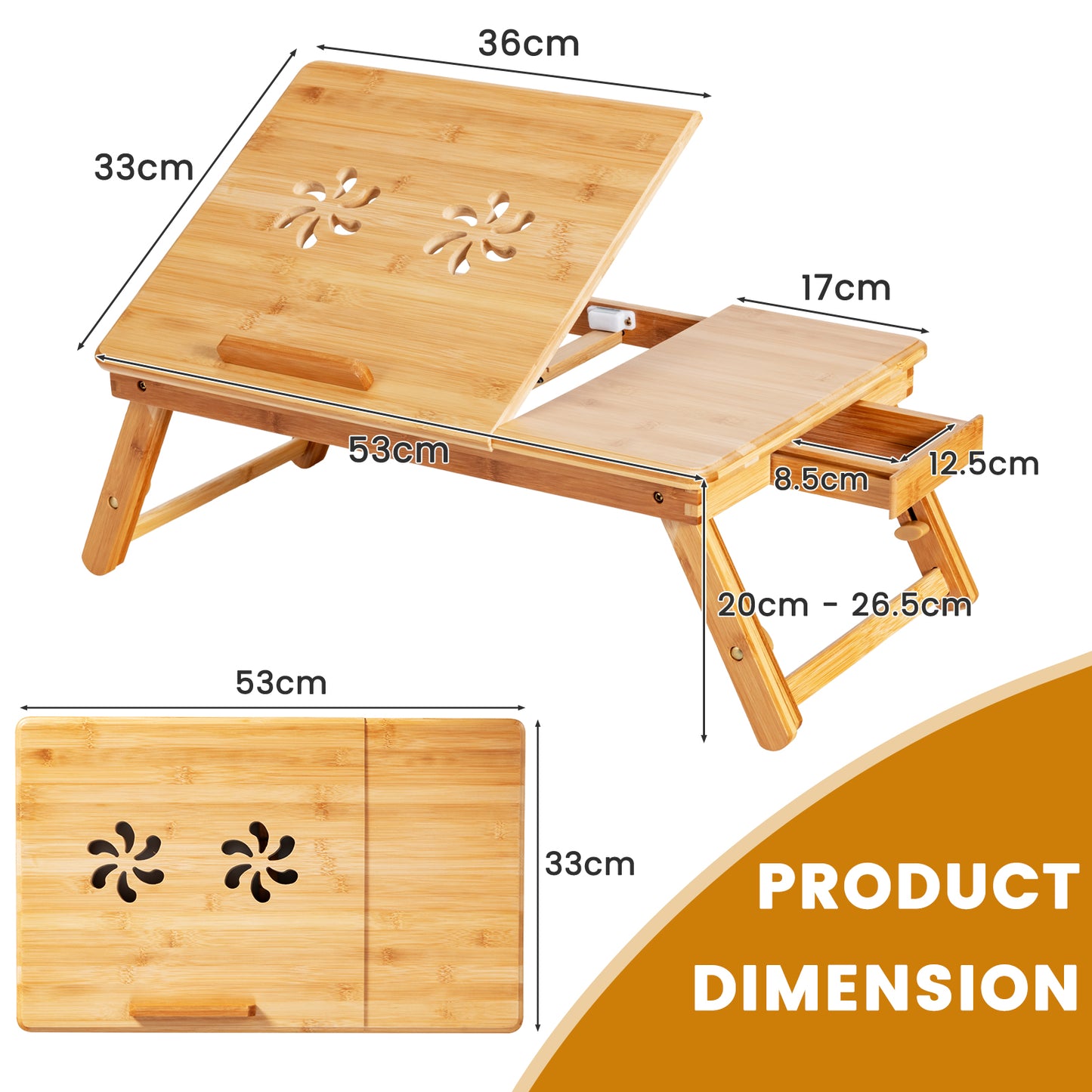 Portable Bamboo Laptop Lap Tray with Adjustable Legs and Tilting Top-Brown