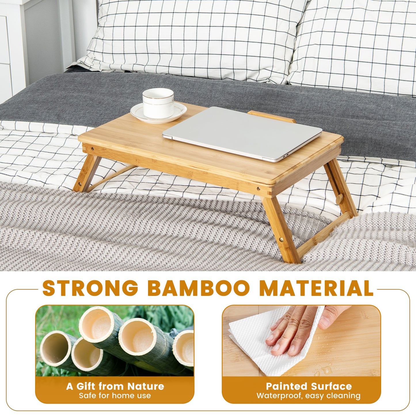 Portable Bamboo Laptop Lap Tray with Adjustable Legs and Tilting Top-Brown