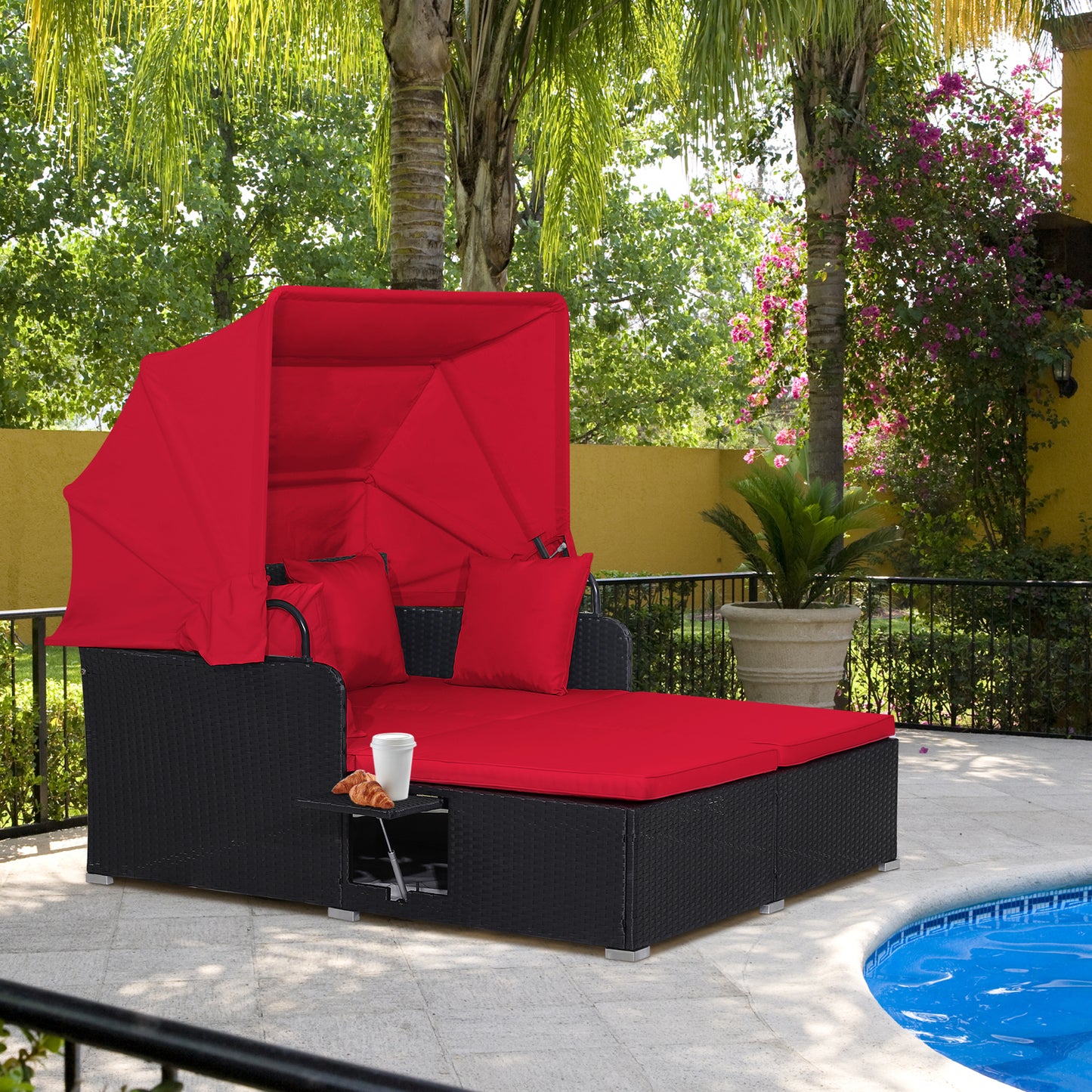 Garden Rattan Daybed with Retractable Canopy and Cushions-Beige