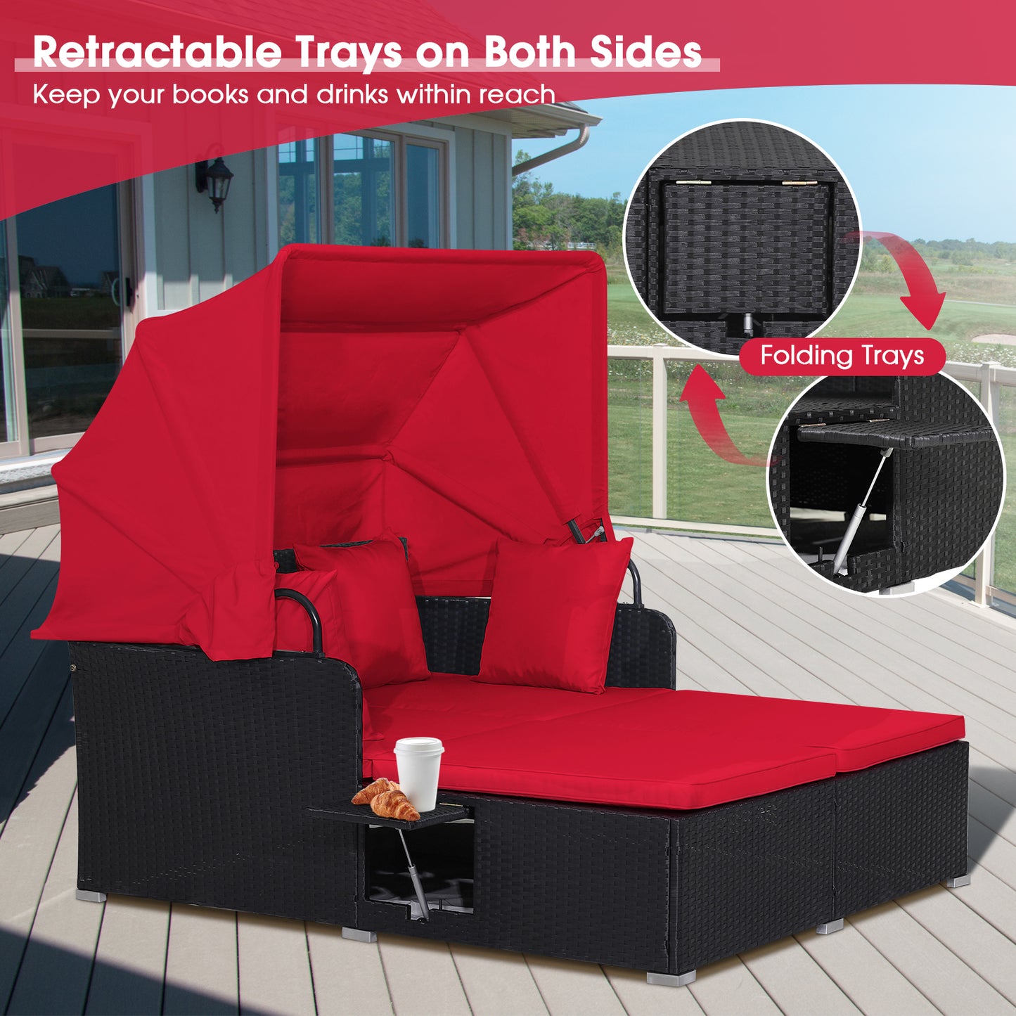 Garden Rattan Daybed with Retractable Canopy and Cushions-Beige