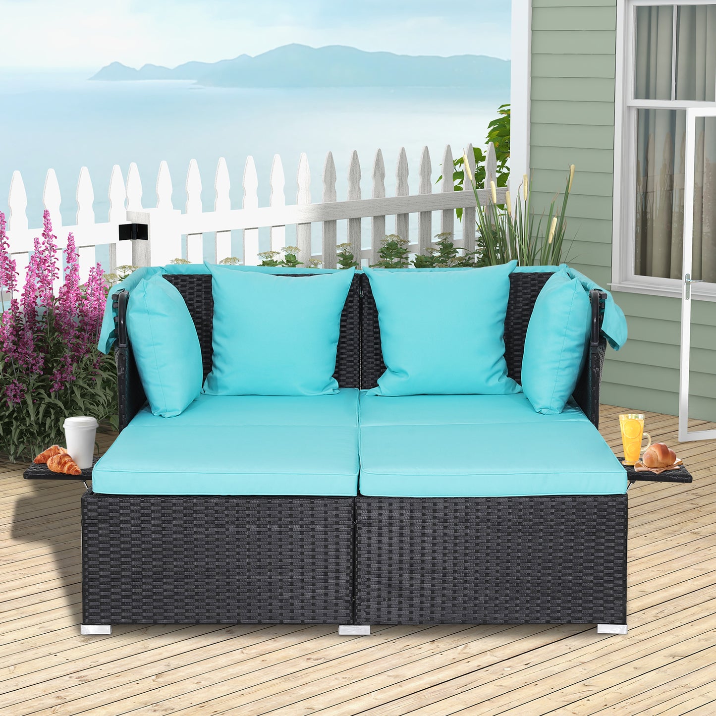 Garden Rattan Daybed with Retractable Canopy and Cushions-Beige