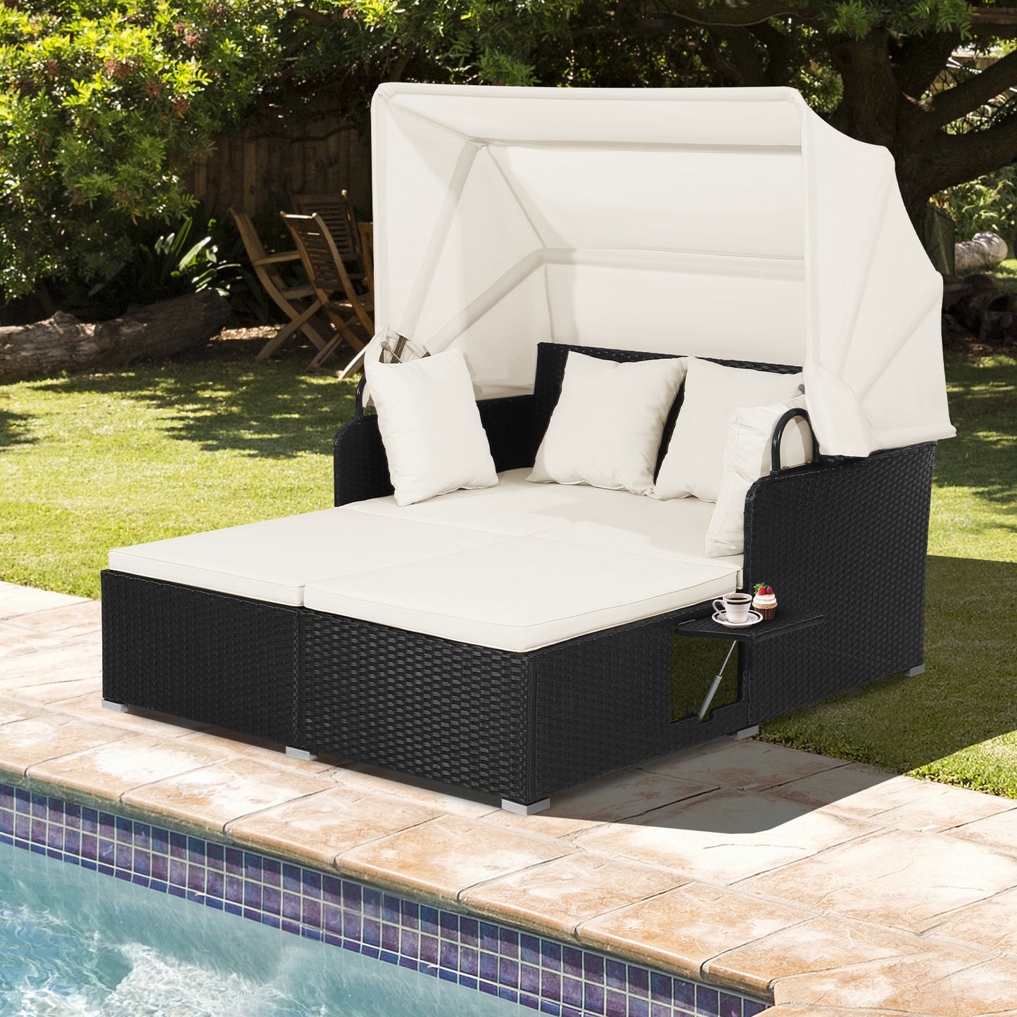 Garden Rattan Daybed with Retractable Canopy and Cushions-Beige